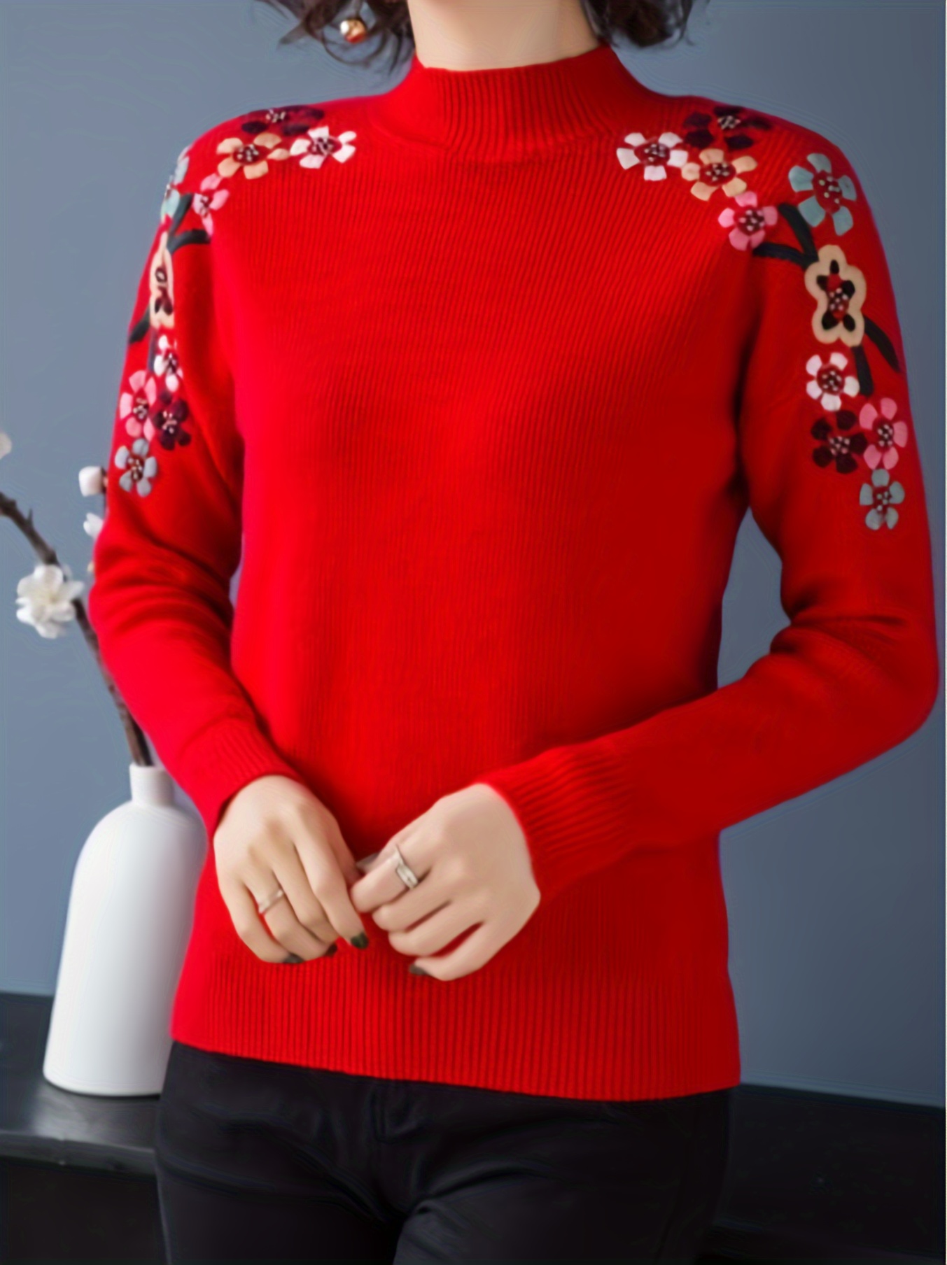 floral pattern mock neck knit sweater casual long sleeve pullover sweater womens clothing details 1