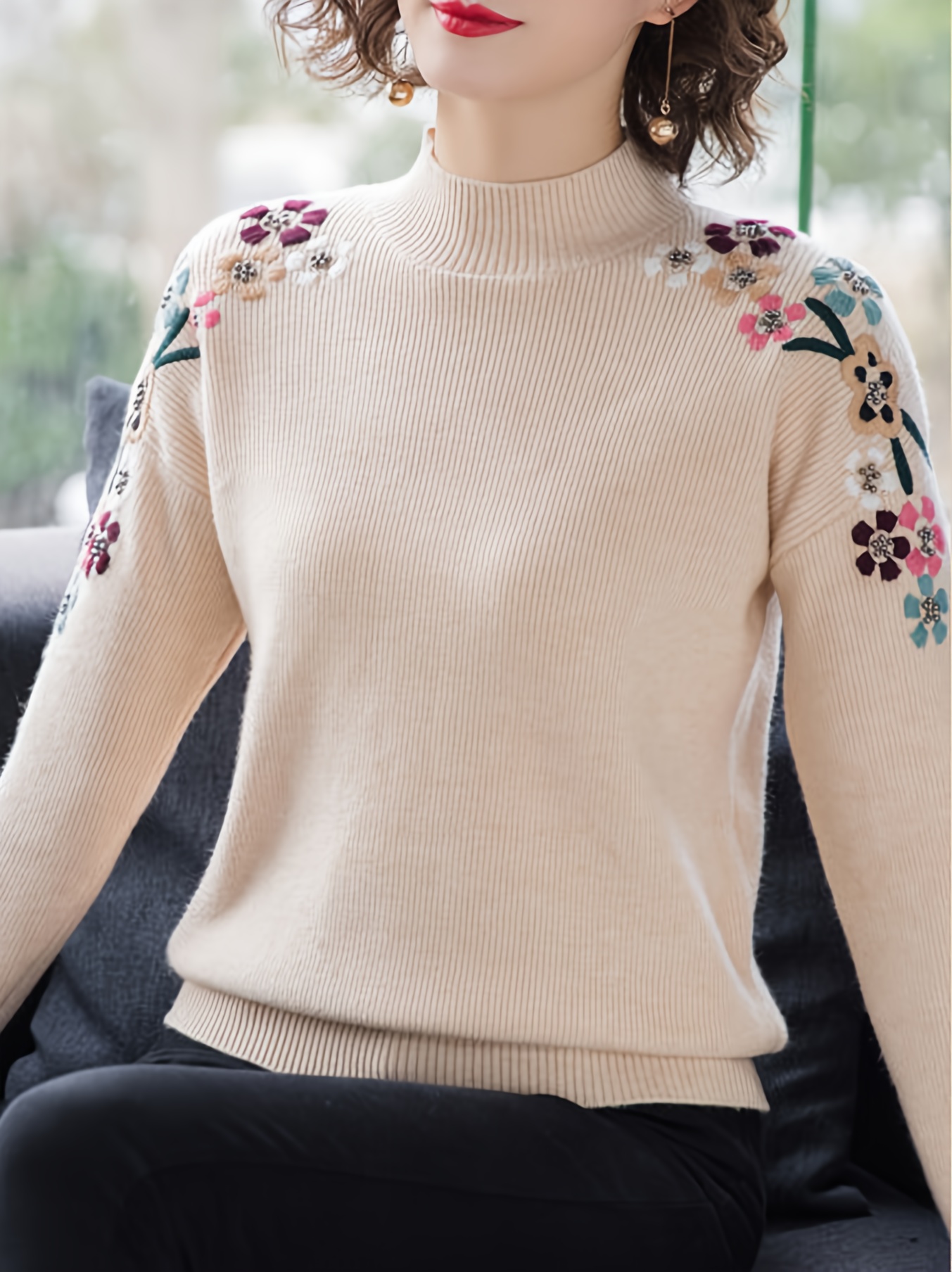 floral pattern mock neck knit sweater casual long sleeve pullover sweater womens clothing details 2