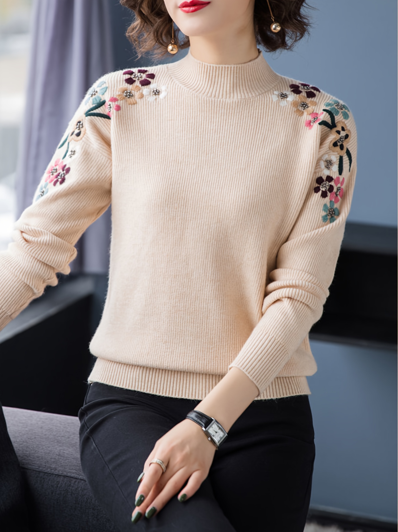 floral pattern mock neck knit sweater casual long sleeve pullover sweater womens clothing details 3