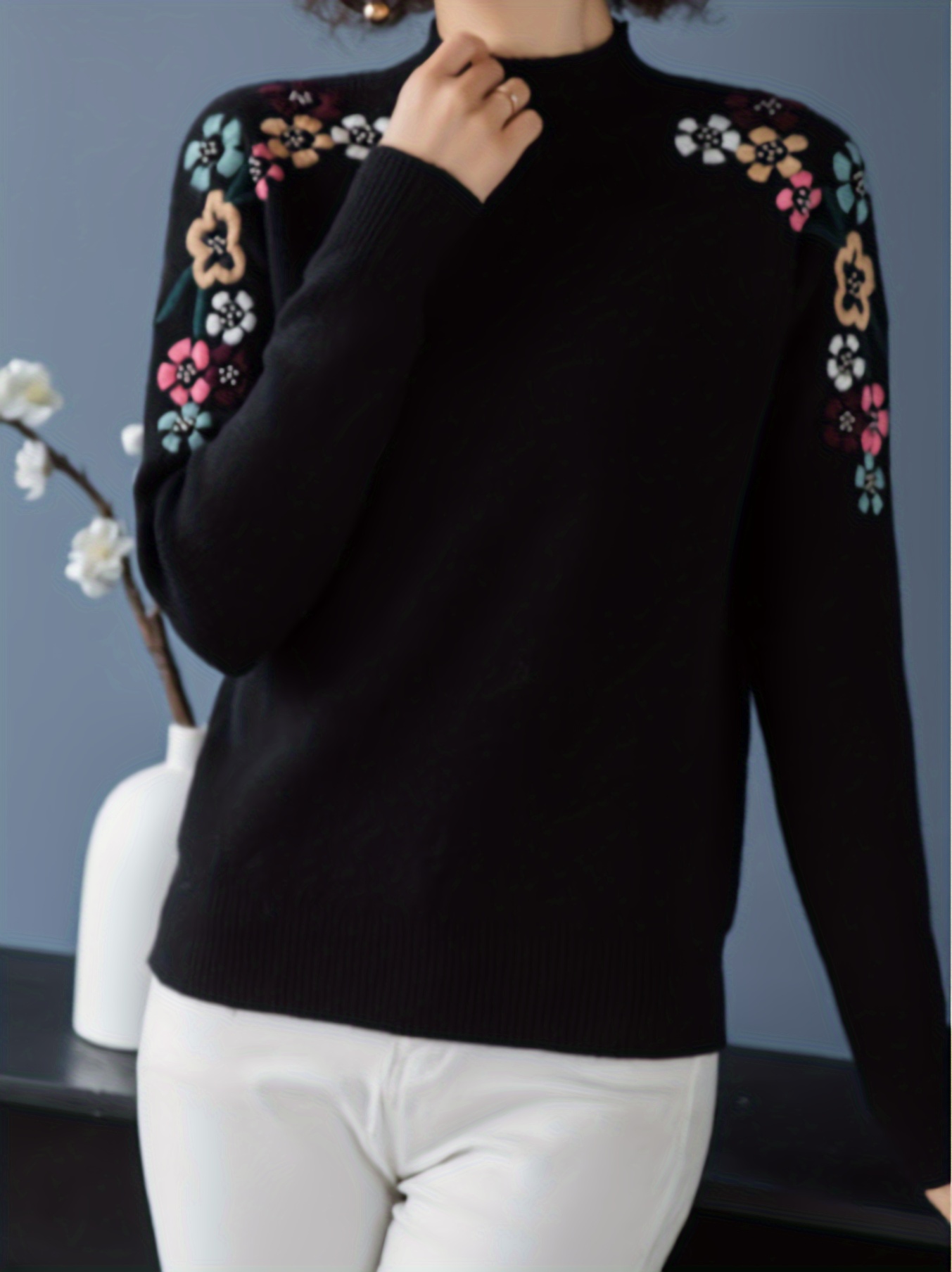 floral pattern mock neck knit sweater casual long sleeve pullover sweater womens clothing details 4