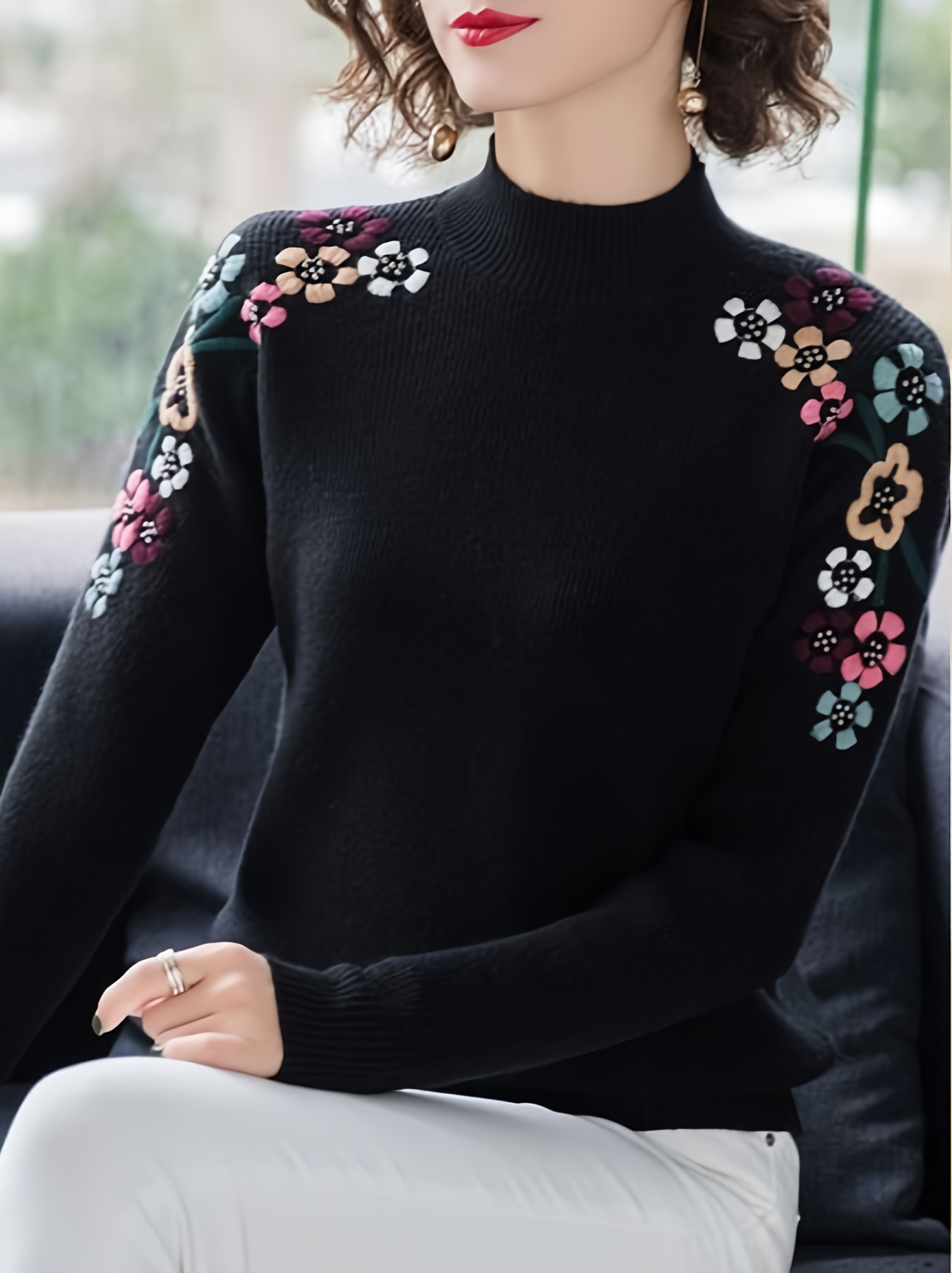 floral pattern mock neck knit sweater casual long sleeve pullover sweater womens clothing details 5