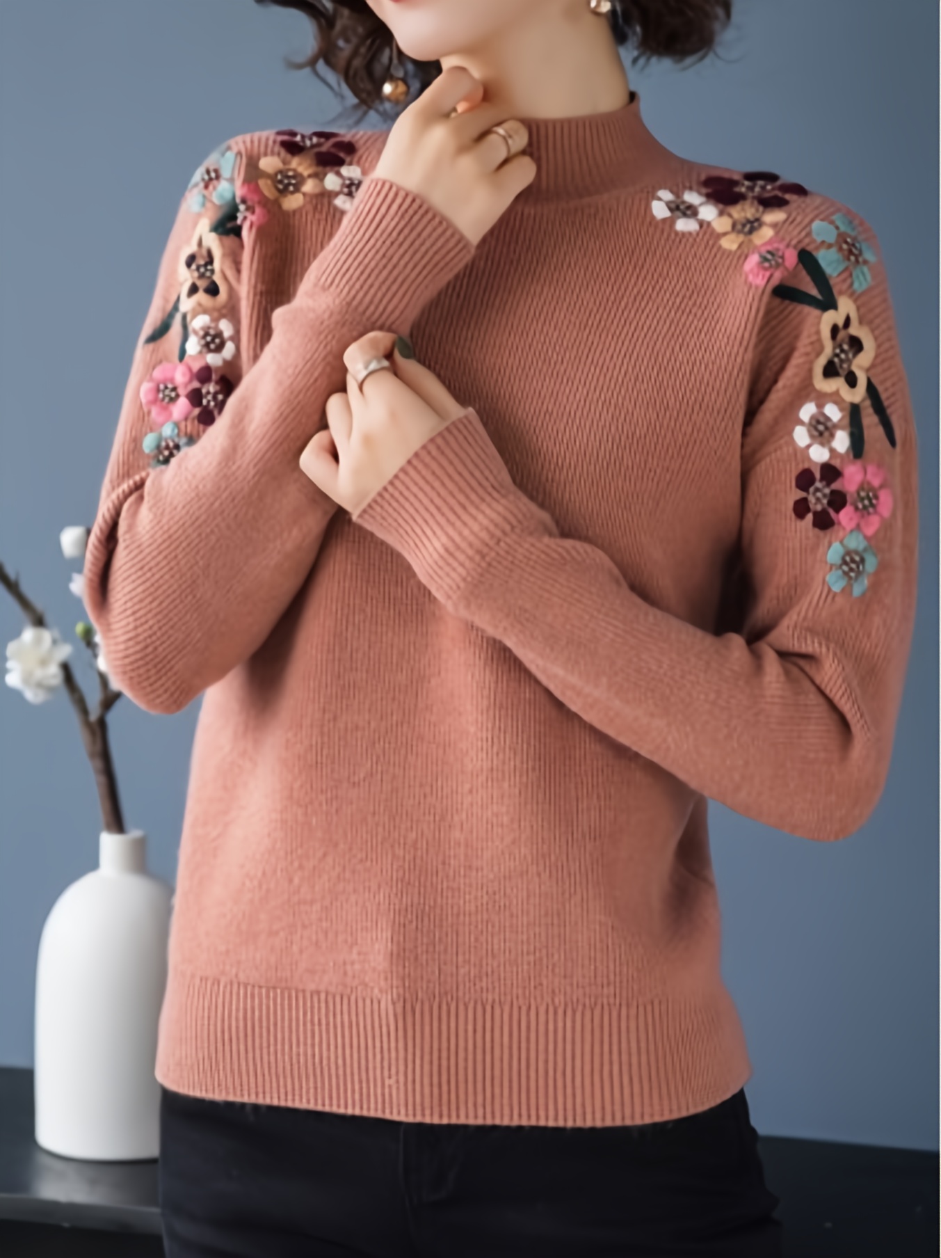 floral pattern mock neck knit sweater casual long sleeve pullover sweater womens clothing details 6