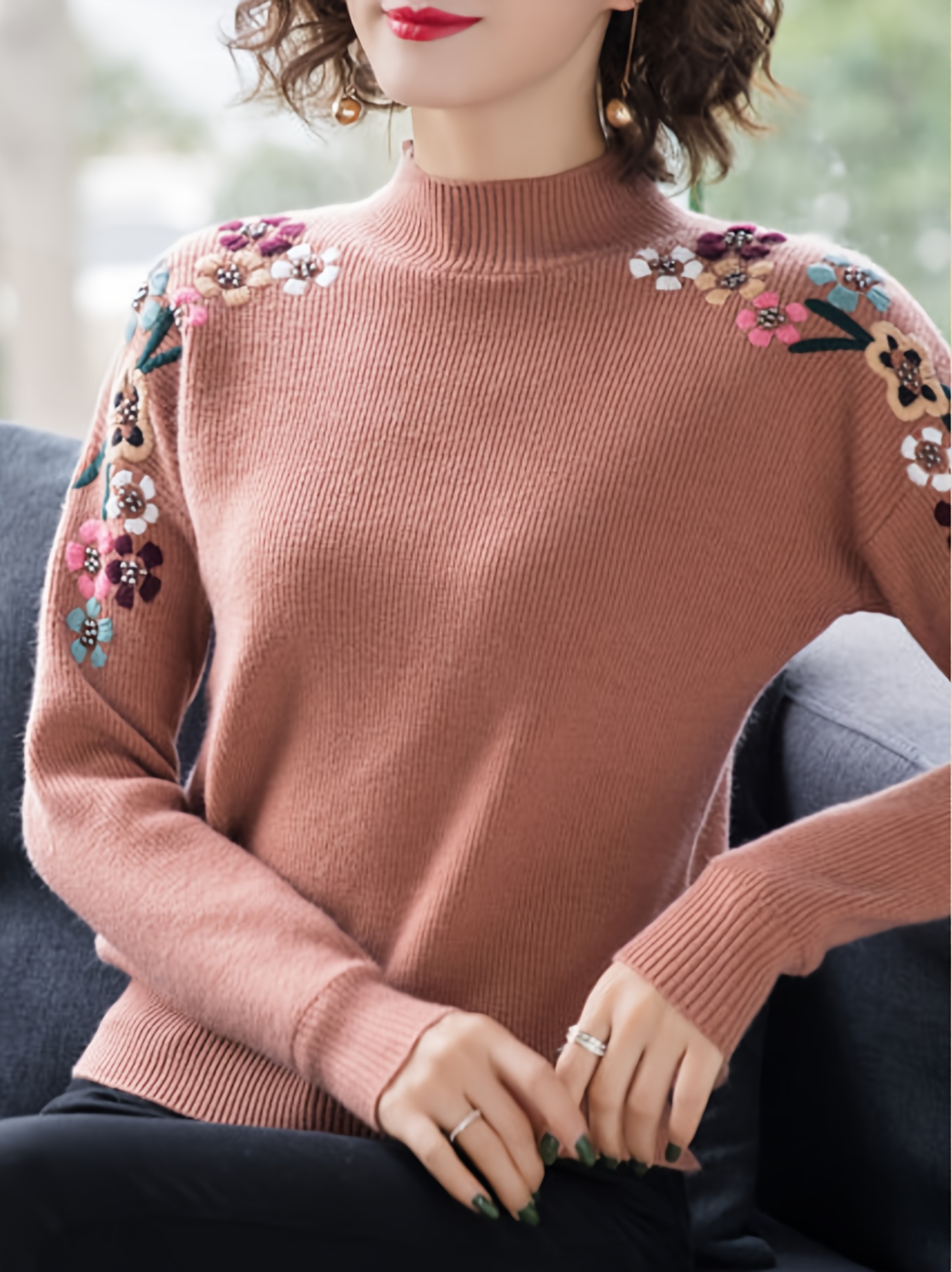 floral pattern mock neck knit sweater casual long sleeve pullover sweater womens clothing details 7