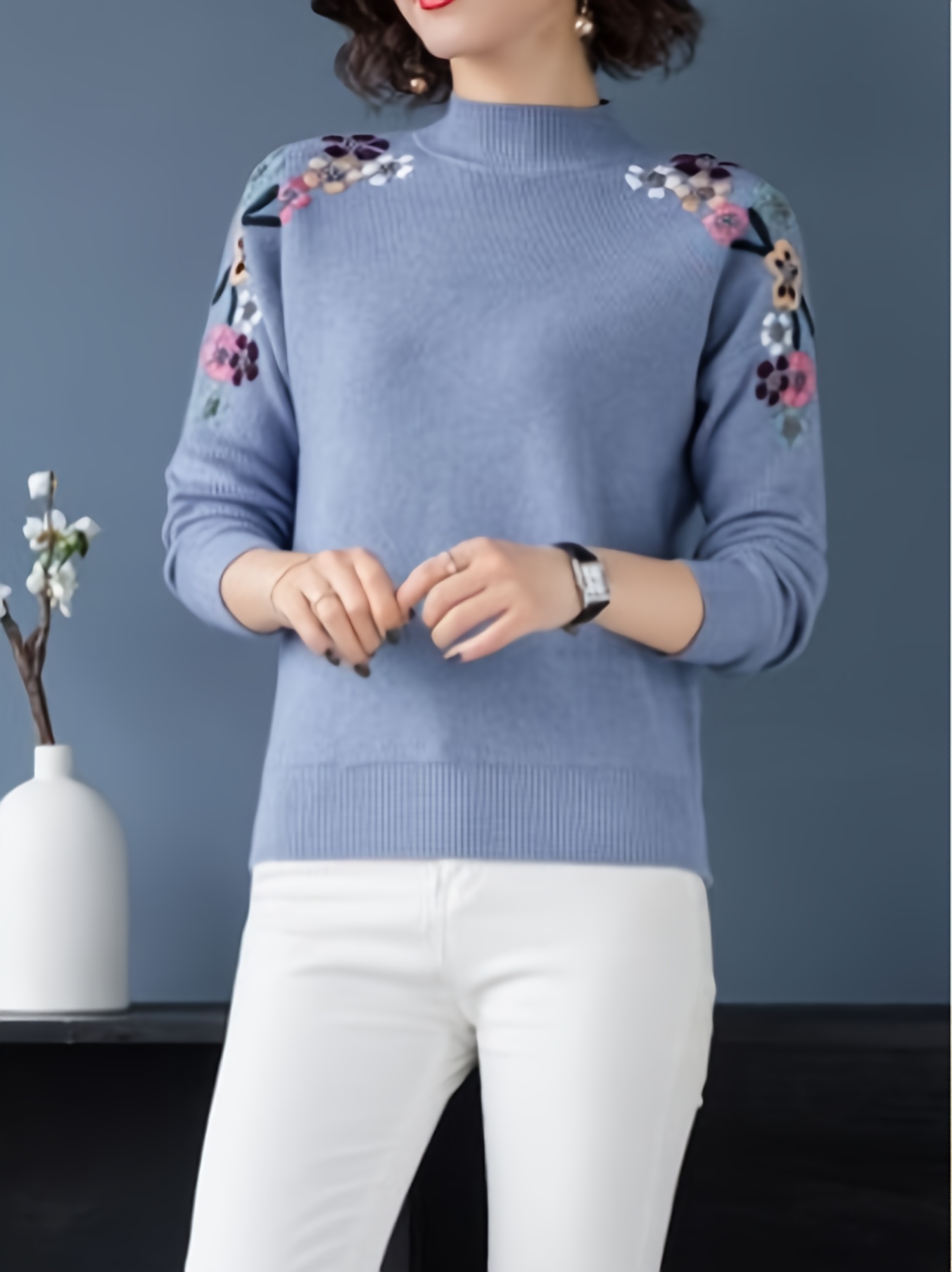 floral pattern mock neck knit sweater casual long sleeve pullover sweater womens clothing details 8