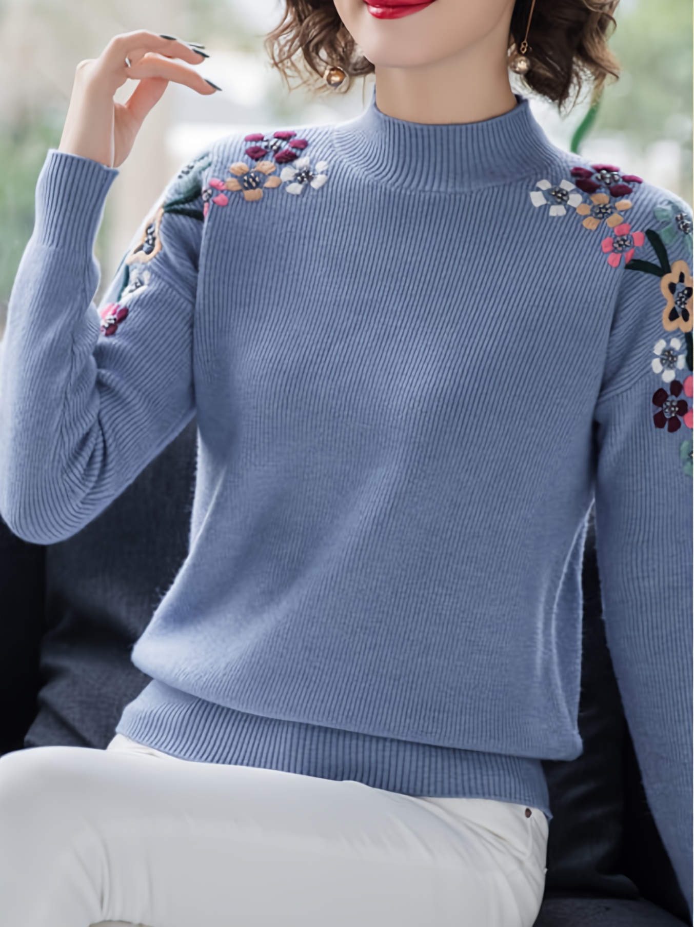 floral pattern mock neck knit sweater casual long sleeve pullover sweater womens clothing details 9