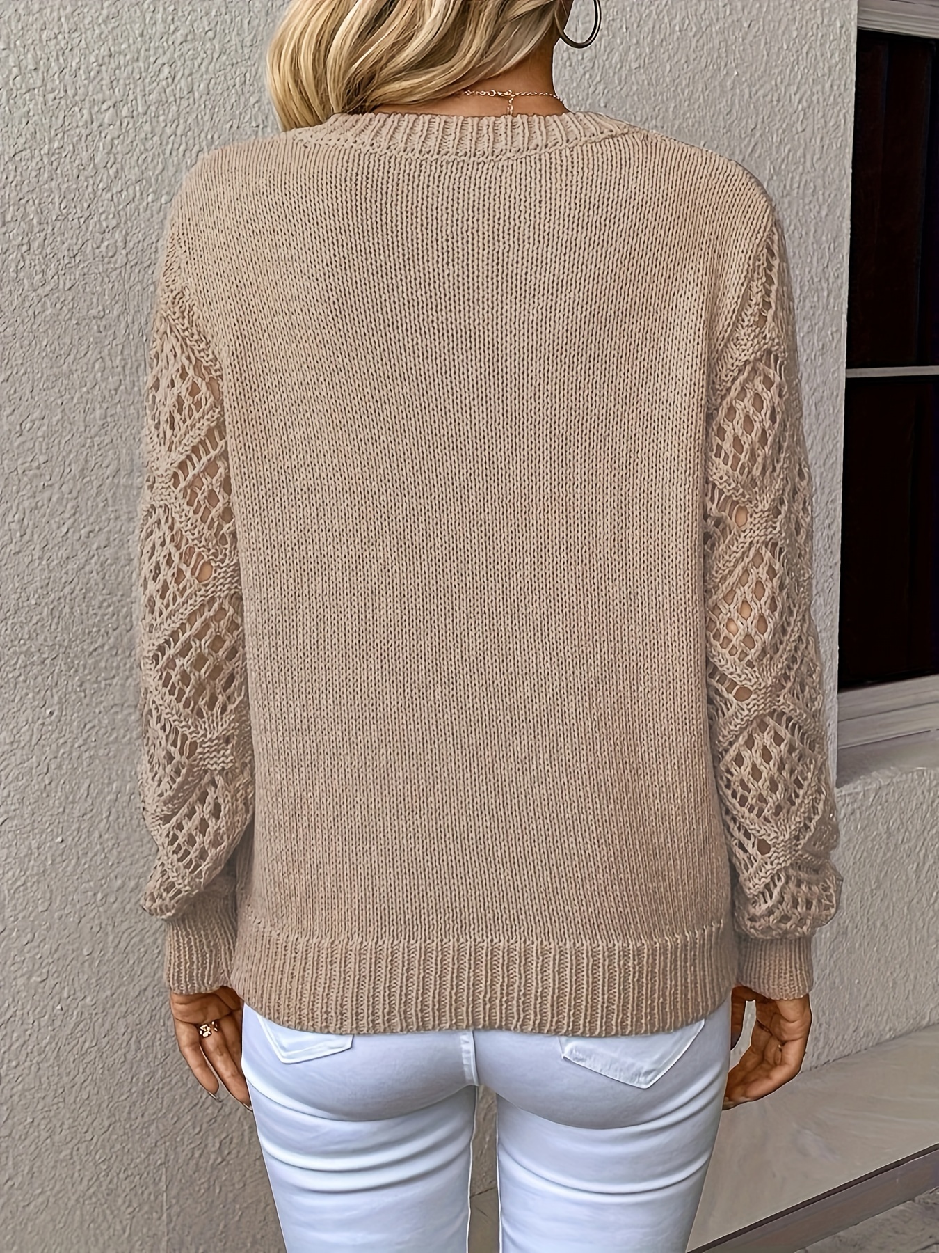 solid hollow out pullover sweater elegant v neck long sleeve sweater womens clothing details 3