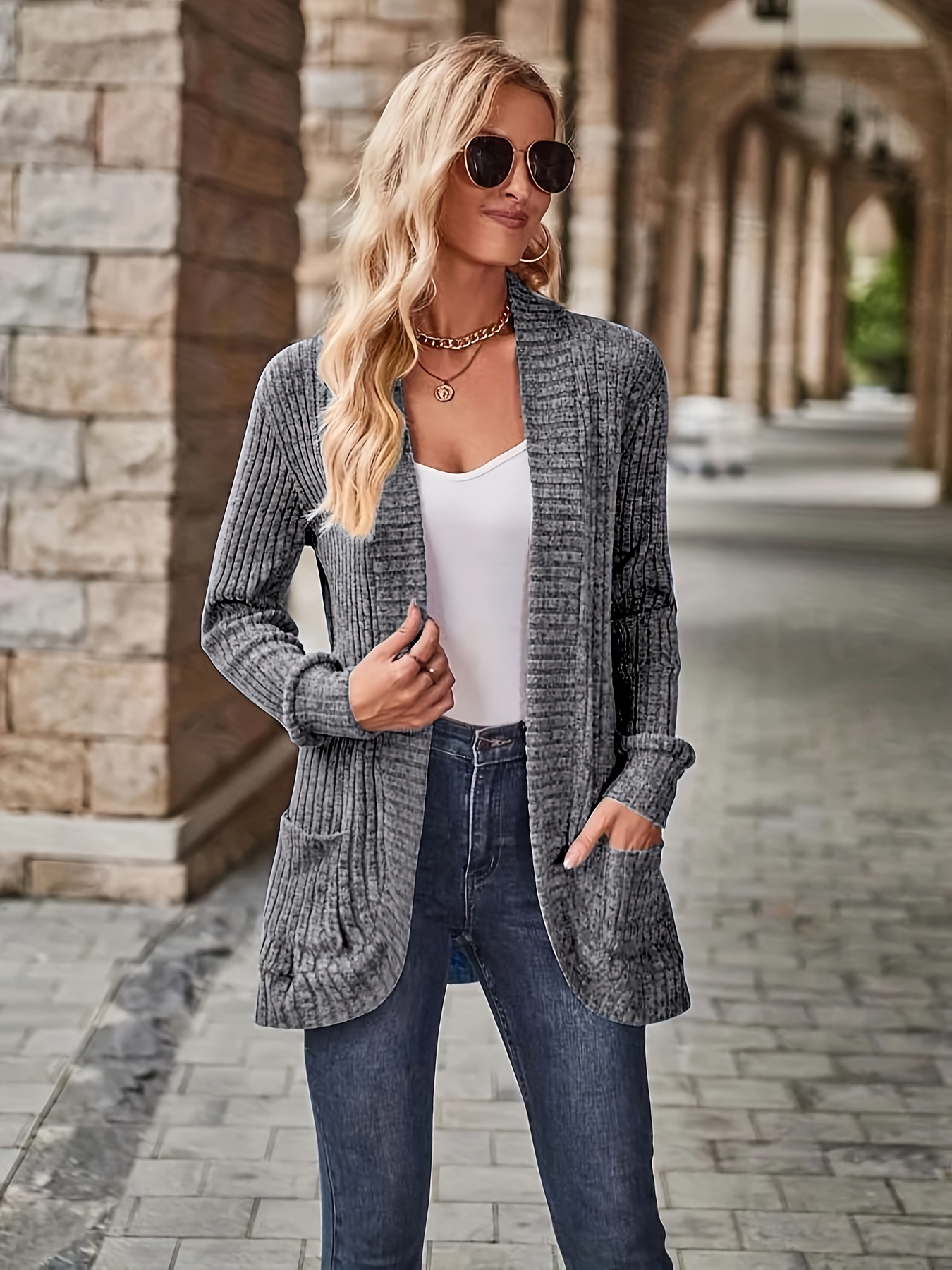 solid open front cardigan casual long sleeve drop shoulder outwear for spring fall womens clothing details 4