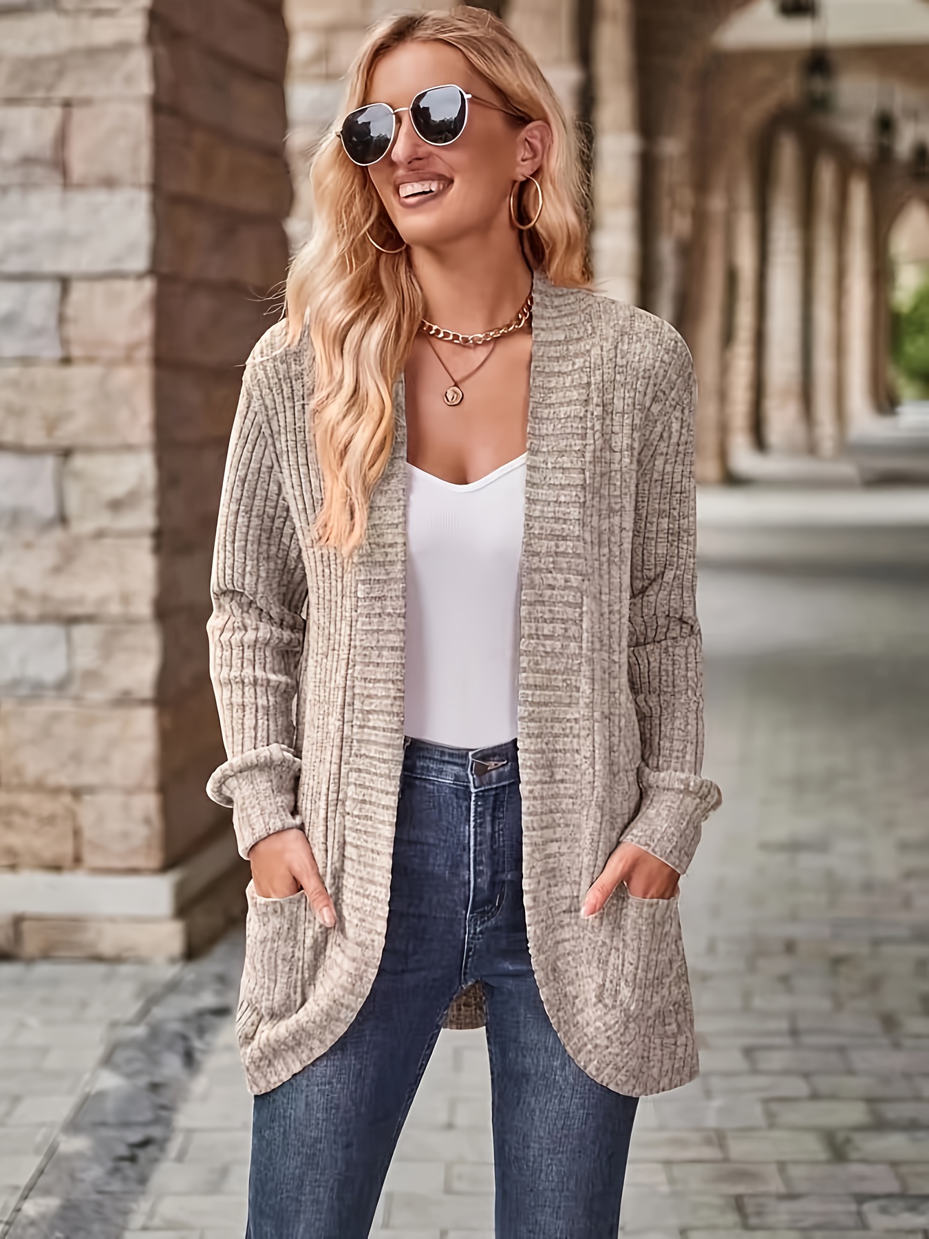 solid open front cardigan casual long sleeve drop shoulder outwear for spring fall womens clothing details 7