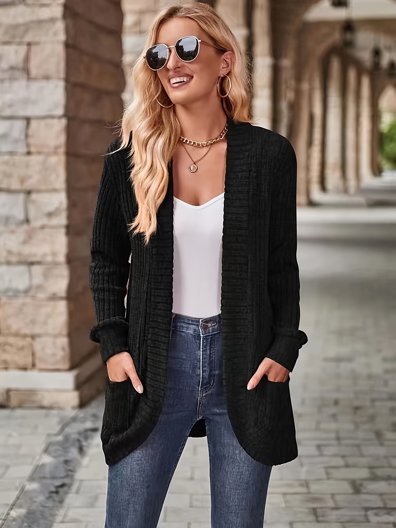 solid open front cardigan casual long sleeve drop shoulder outwear for spring fall womens clothing details 10