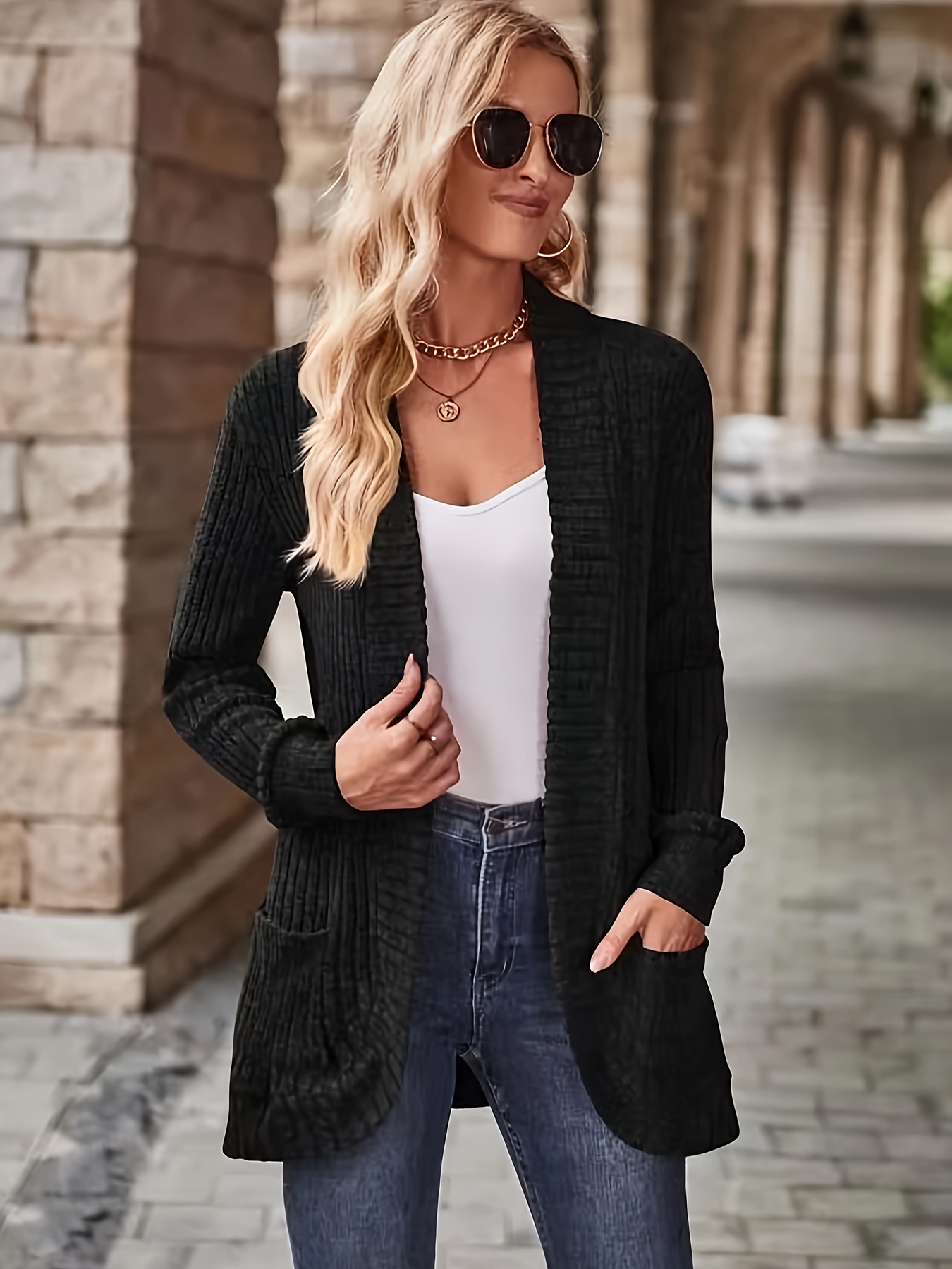 solid open front cardigan casual long sleeve drop shoulder outwear for spring fall womens clothing details 12