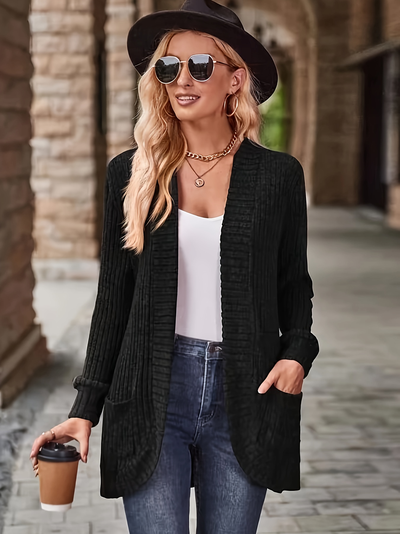 solid open front cardigan casual long sleeve drop shoulder outwear for spring fall womens clothing details 13