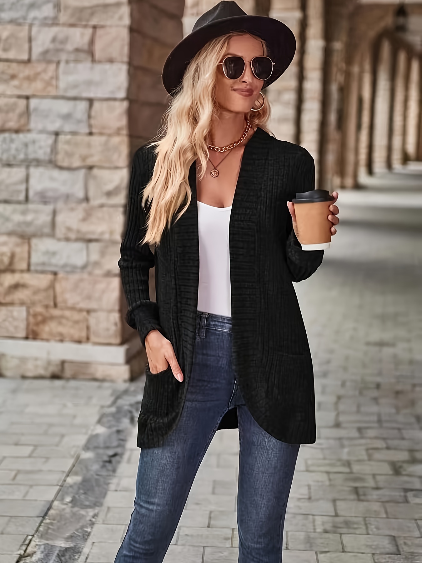 solid open front cardigan casual long sleeve drop shoulder outwear for spring fall womens clothing details 14