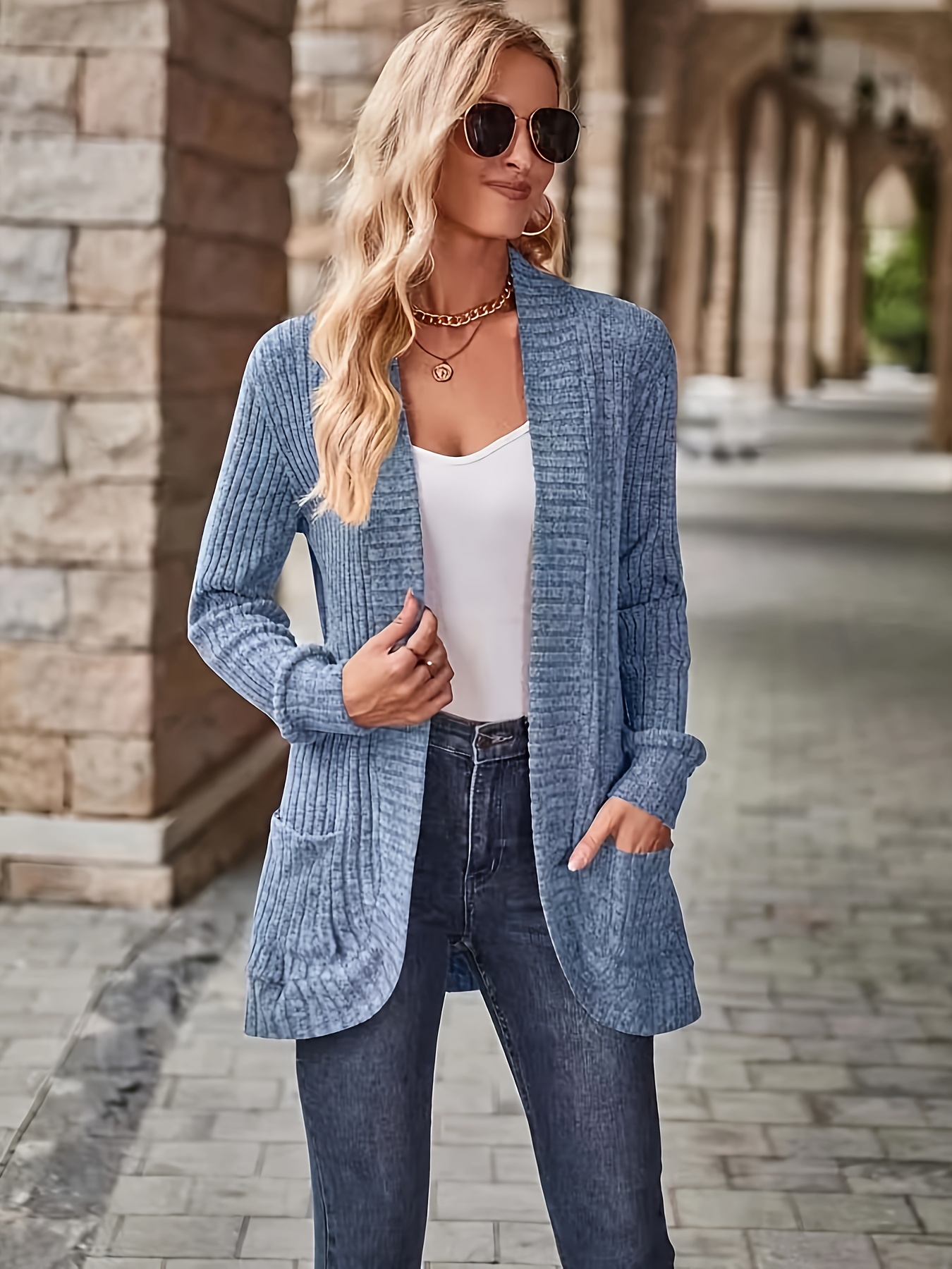 solid open front cardigan casual long sleeve drop shoulder outwear for spring fall womens clothing details 18