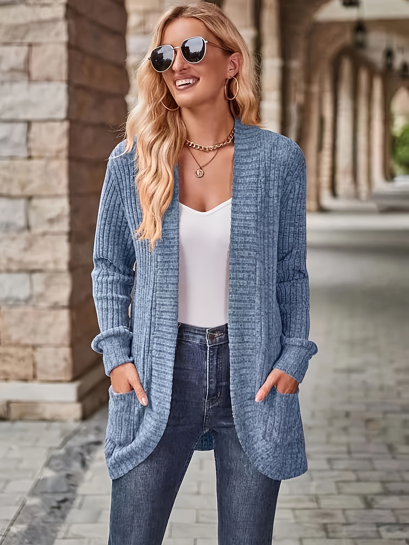 solid open front cardigan casual long sleeve drop shoulder outwear for spring fall womens clothing details 19