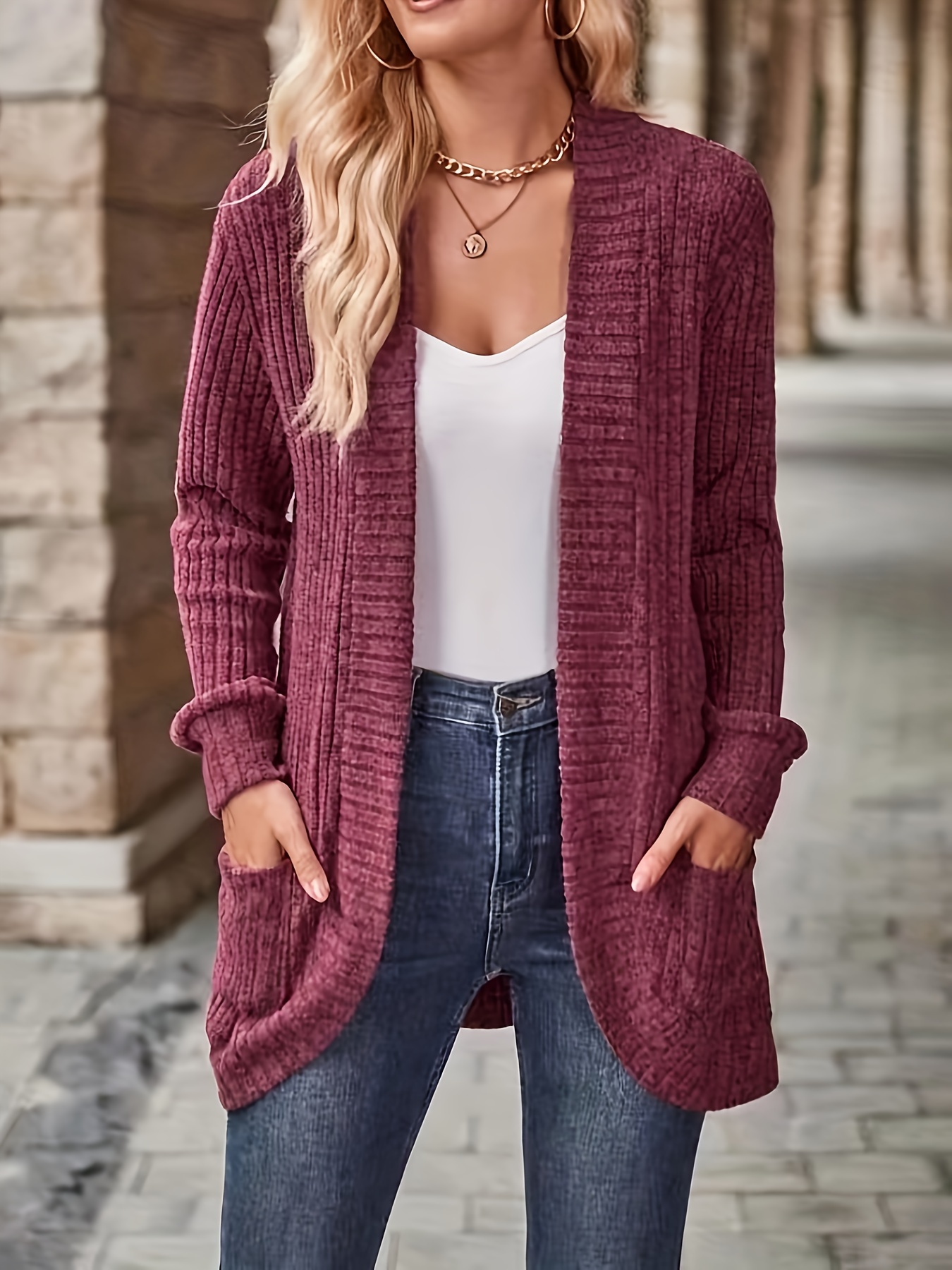 solid open front cardigan casual long sleeve drop shoulder outwear for spring fall womens clothing details 20