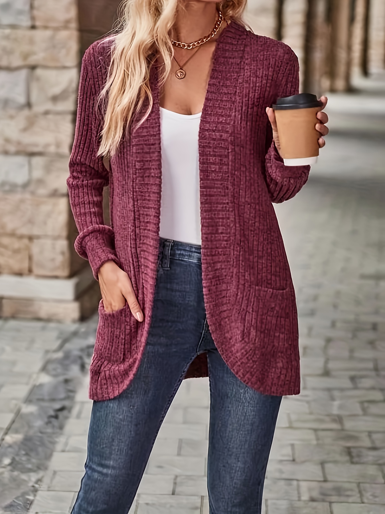 solid open front cardigan casual long sleeve drop shoulder outwear for spring fall womens clothing details 21