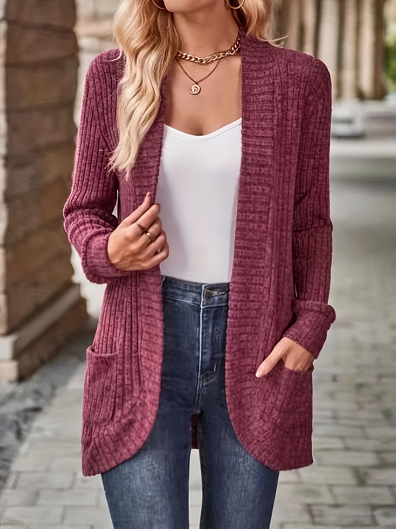 solid open front cardigan casual long sleeve drop shoulder outwear for spring fall womens clothing details 23