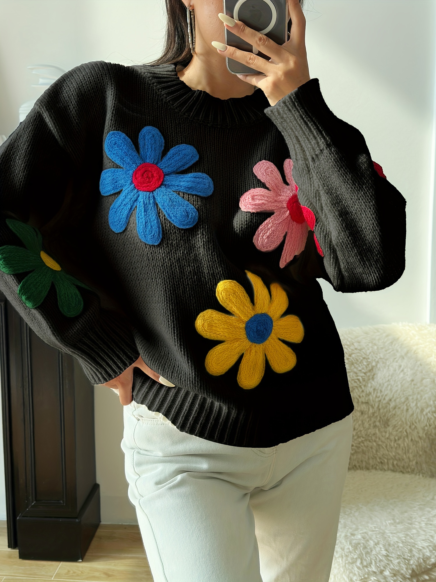 floral pattern crew neck pullover sweater casual long sleeve fall winter sweater womens clothing details 6