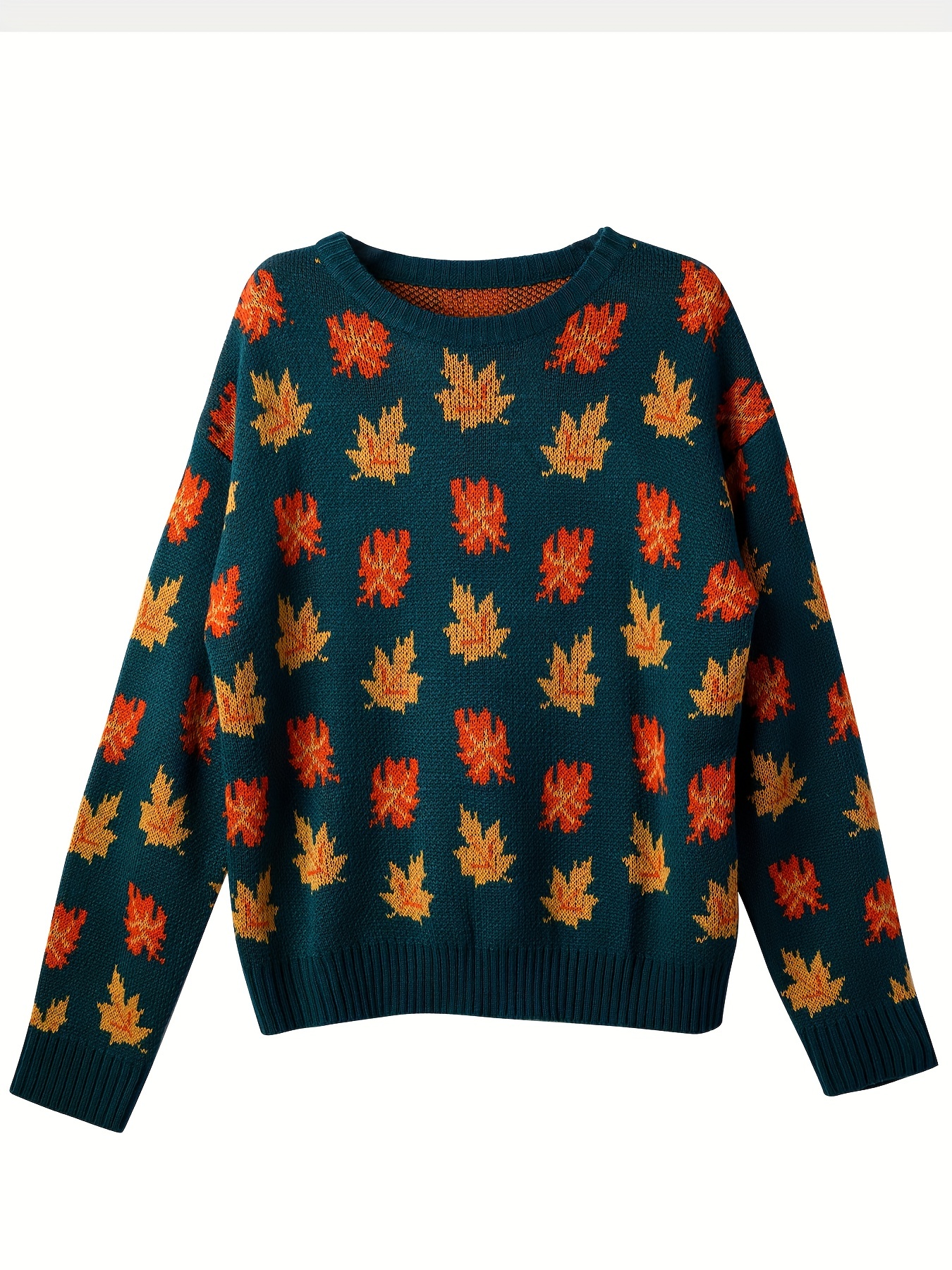 maple leaf pattern crew neck sweater casual long sleeve stylish pullover sweater womens clothing details 0