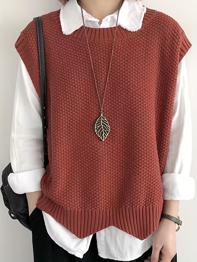 solid crew neck sweater vest casual sleeveless vest for spring fall womens clothing details 0