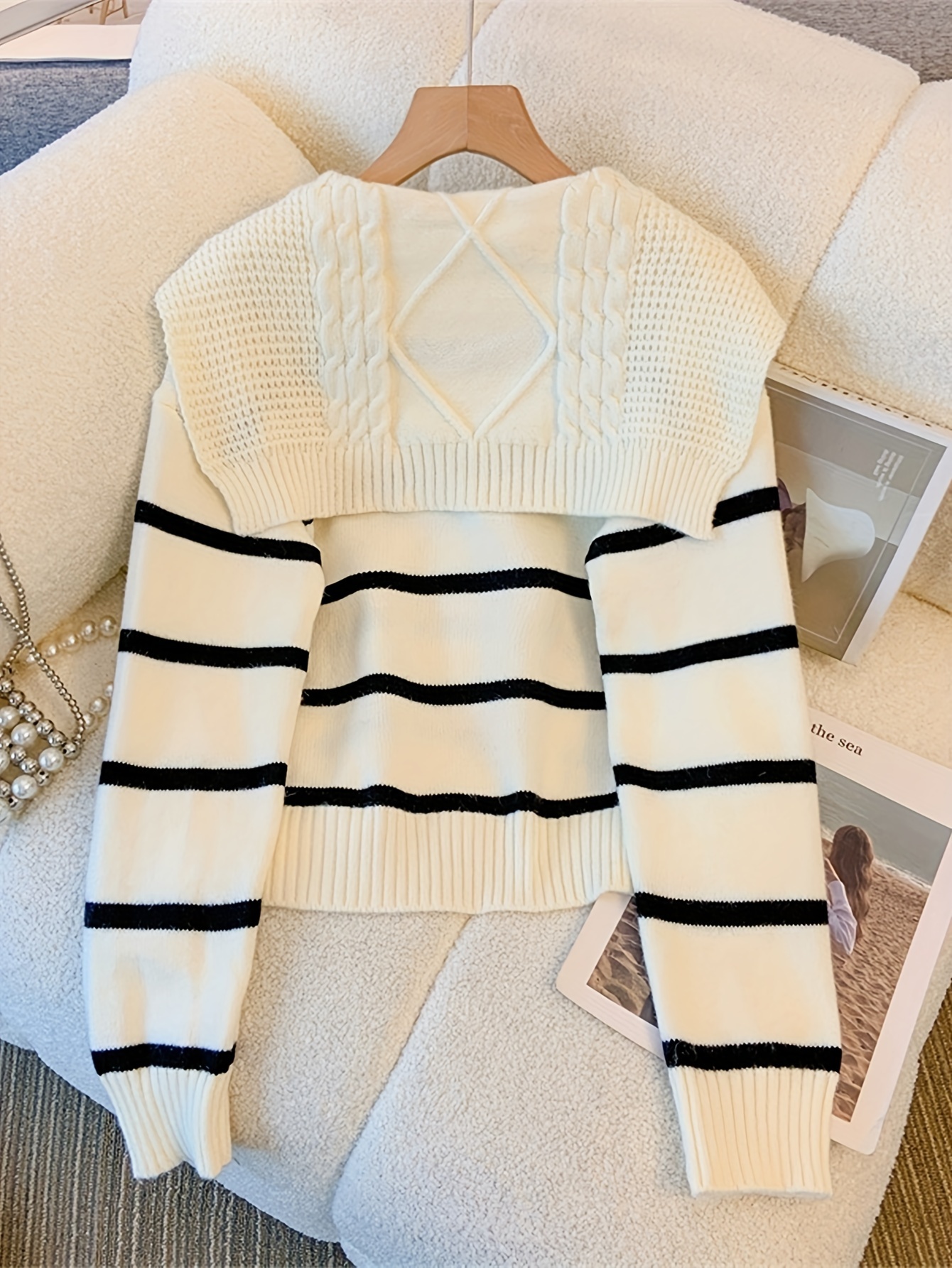 striped knitted pullover sweater casual long sleeve sweater for fall winter womens clothing details 0