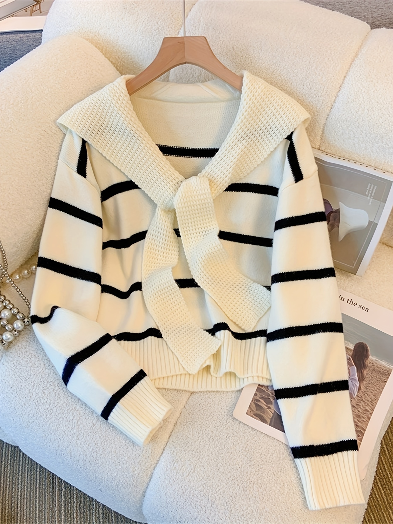 striped knitted pullover sweater casual long sleeve sweater for fall winter womens clothing details 1