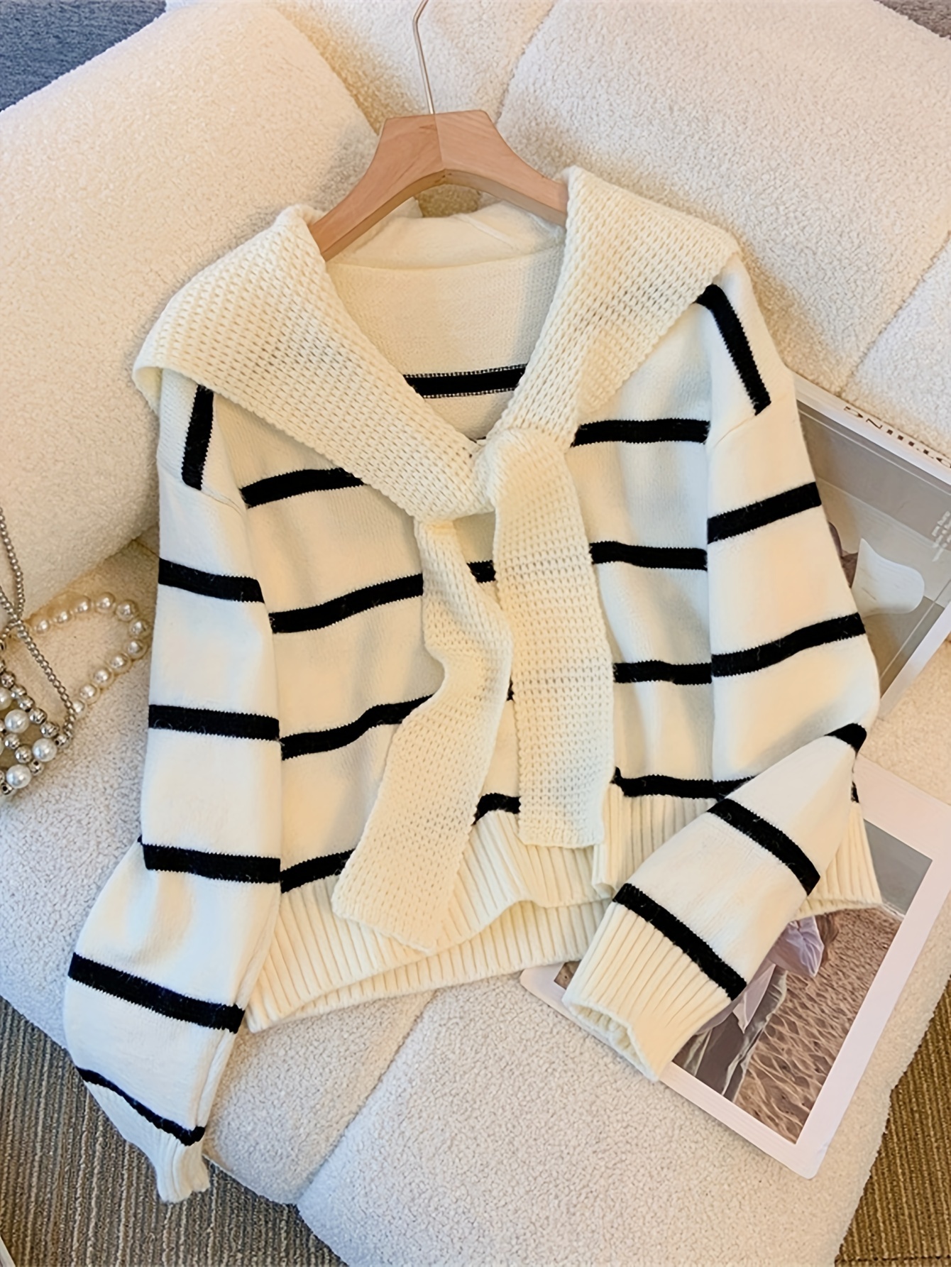 striped knitted pullover sweater casual long sleeve sweater for fall winter womens clothing details 2