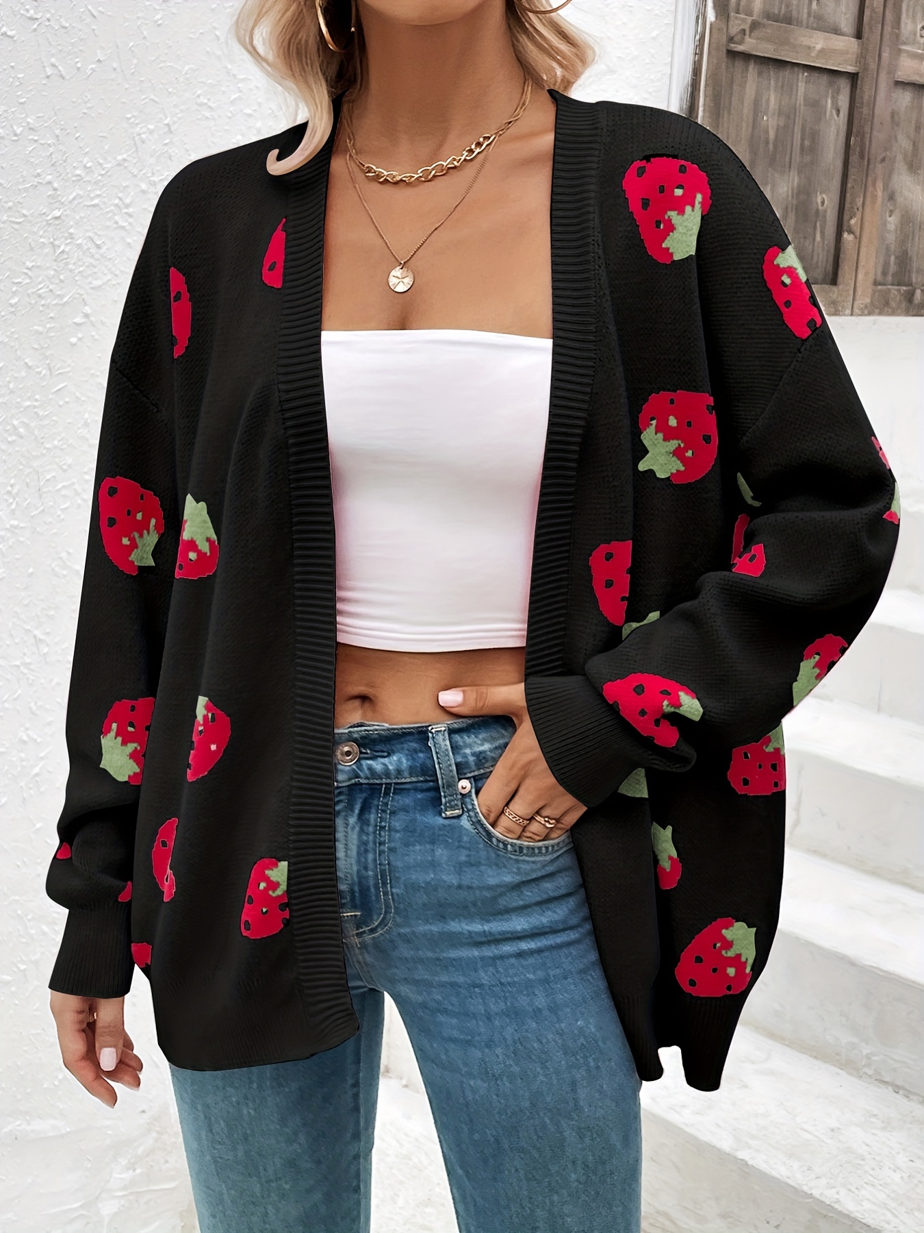 strawberry pattern open front cardigan elegant long sleeve cardigan for spring fall womens clothing details 0