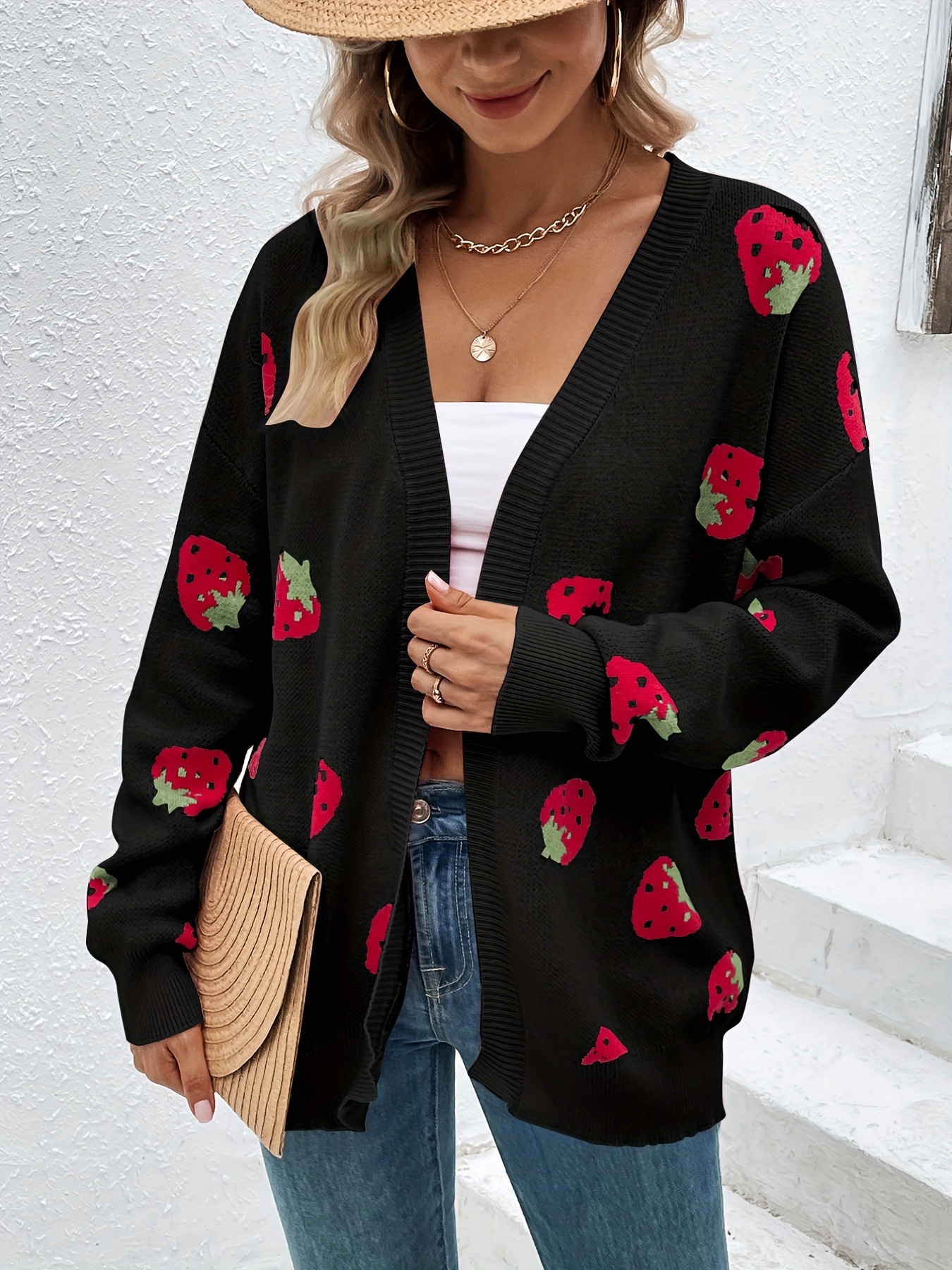 strawberry pattern open front cardigan elegant long sleeve cardigan for spring fall womens clothing details 1