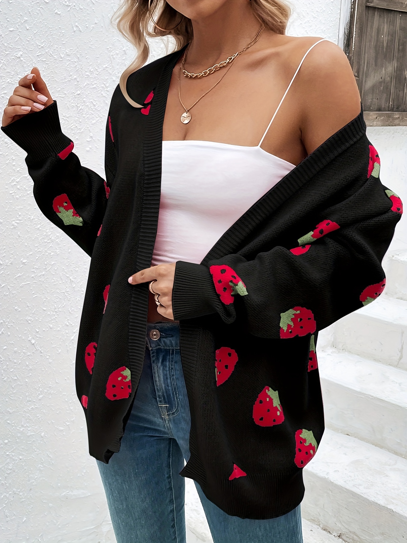 strawberry pattern open front cardigan elegant long sleeve cardigan for spring fall womens clothing details 3