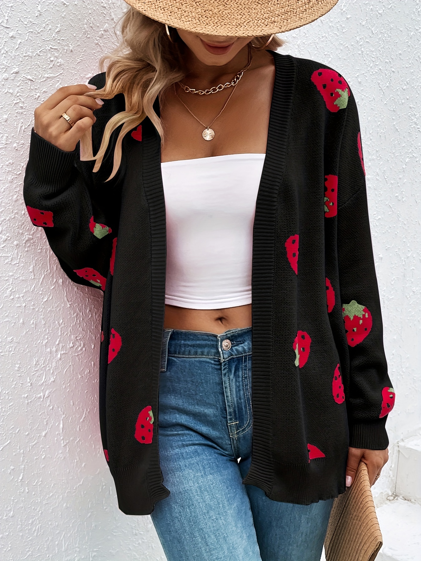 strawberry pattern open front cardigan elegant long sleeve cardigan for spring fall womens clothing details 4