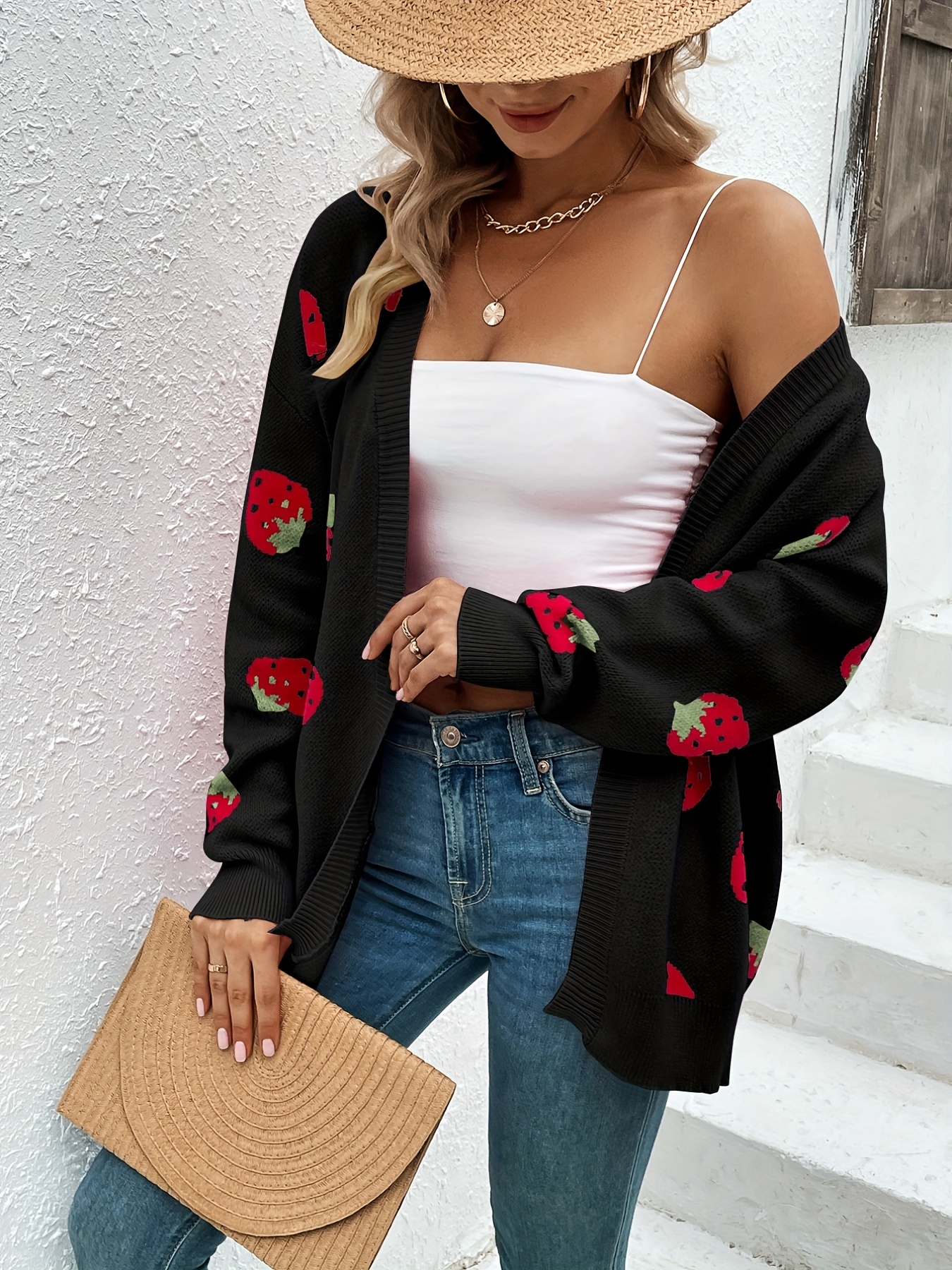 strawberry pattern open front cardigan elegant long sleeve cardigan for spring fall womens clothing details 5