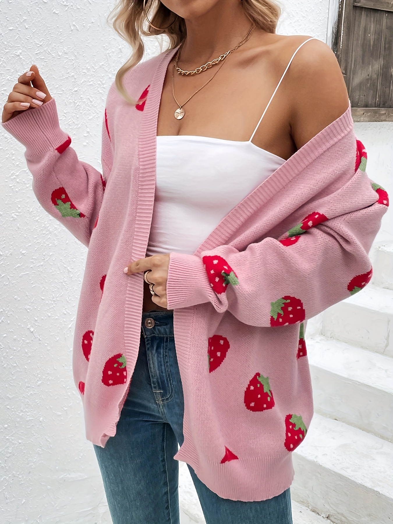 strawberry pattern open front cardigan elegant long sleeve cardigan for spring fall womens clothing details 7