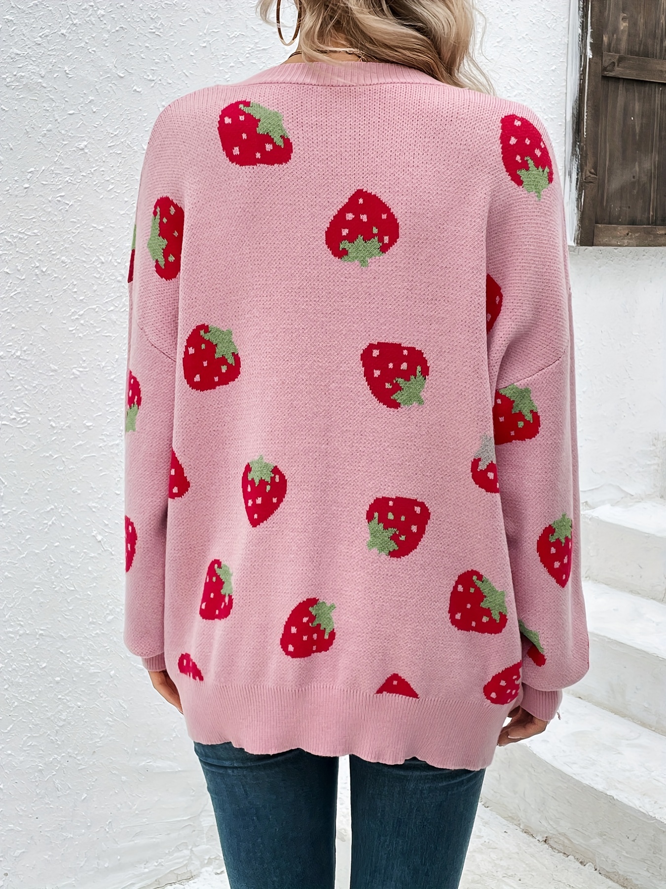 strawberry pattern open front cardigan elegant long sleeve cardigan for spring fall womens clothing details 8