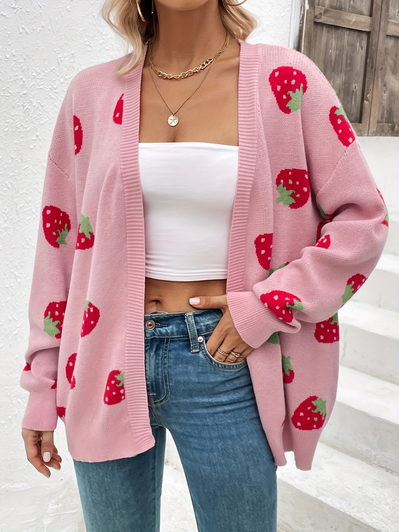 strawberry pattern open front cardigan elegant long sleeve cardigan for spring fall womens clothing details 9