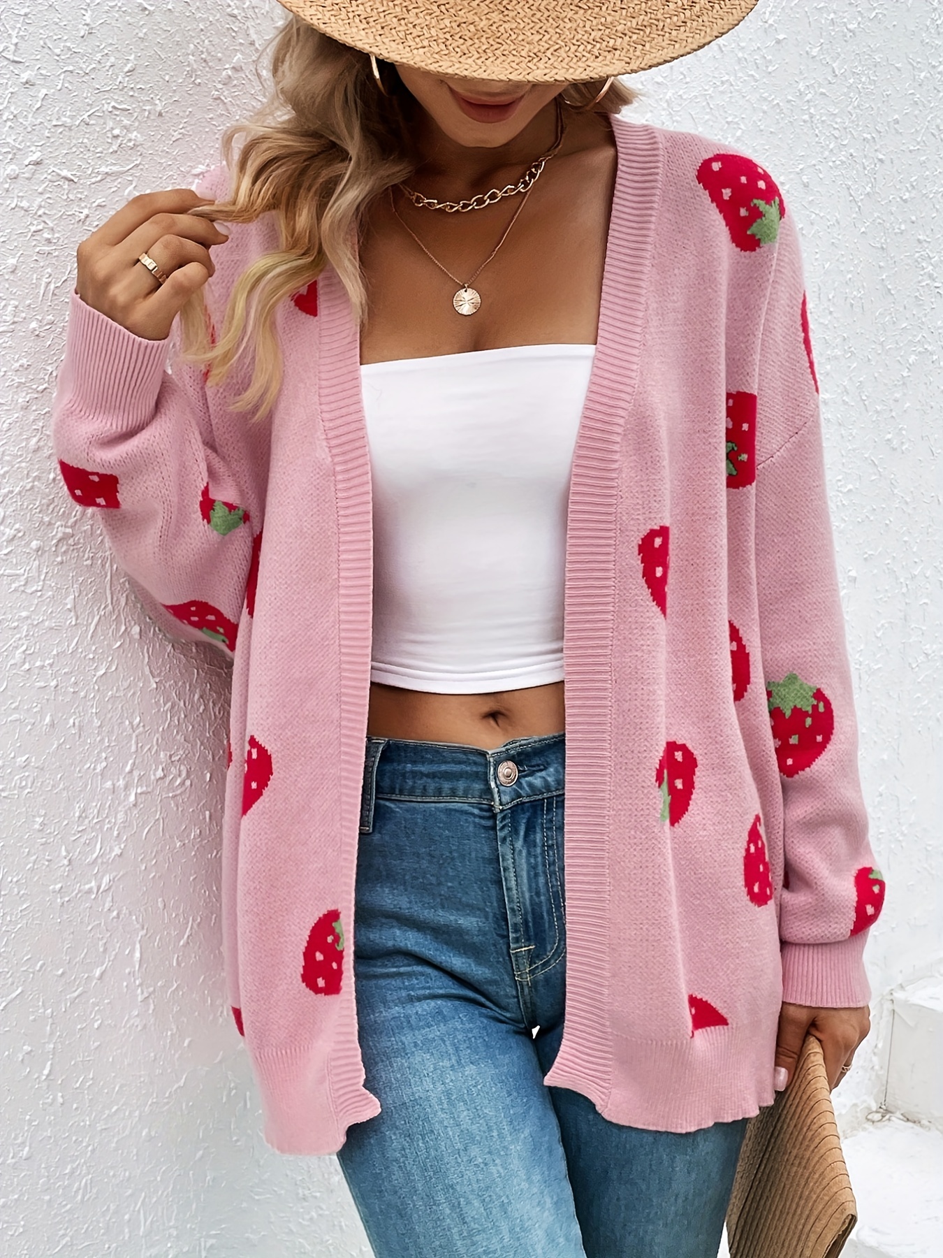 strawberry pattern open front cardigan elegant long sleeve cardigan for spring fall womens clothing details 10