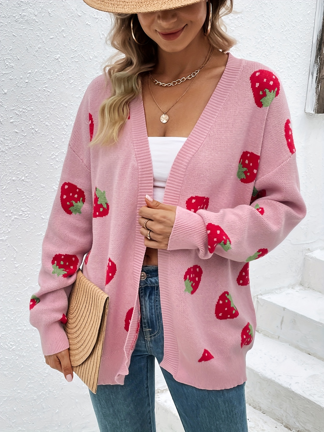 strawberry pattern open front cardigan elegant long sleeve cardigan for spring fall womens clothing details 11