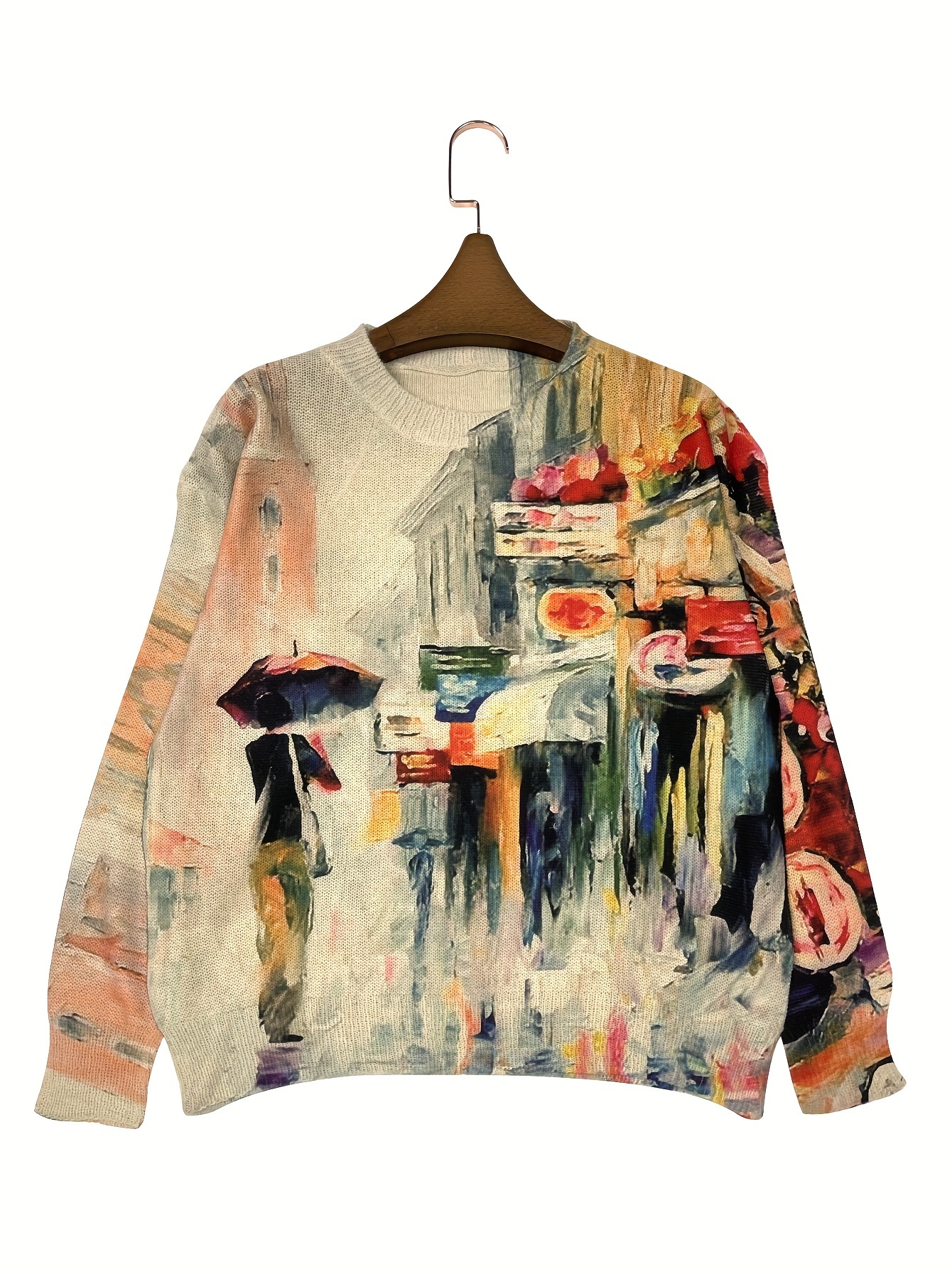 graphic print crew neck sweater casual long sleeve lightweight pullover sweater womens clothing details 2