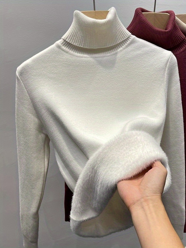 solid turtle neck fleece pullover sweater elegant long sleeve slim thermal sweater womens clothing details 0