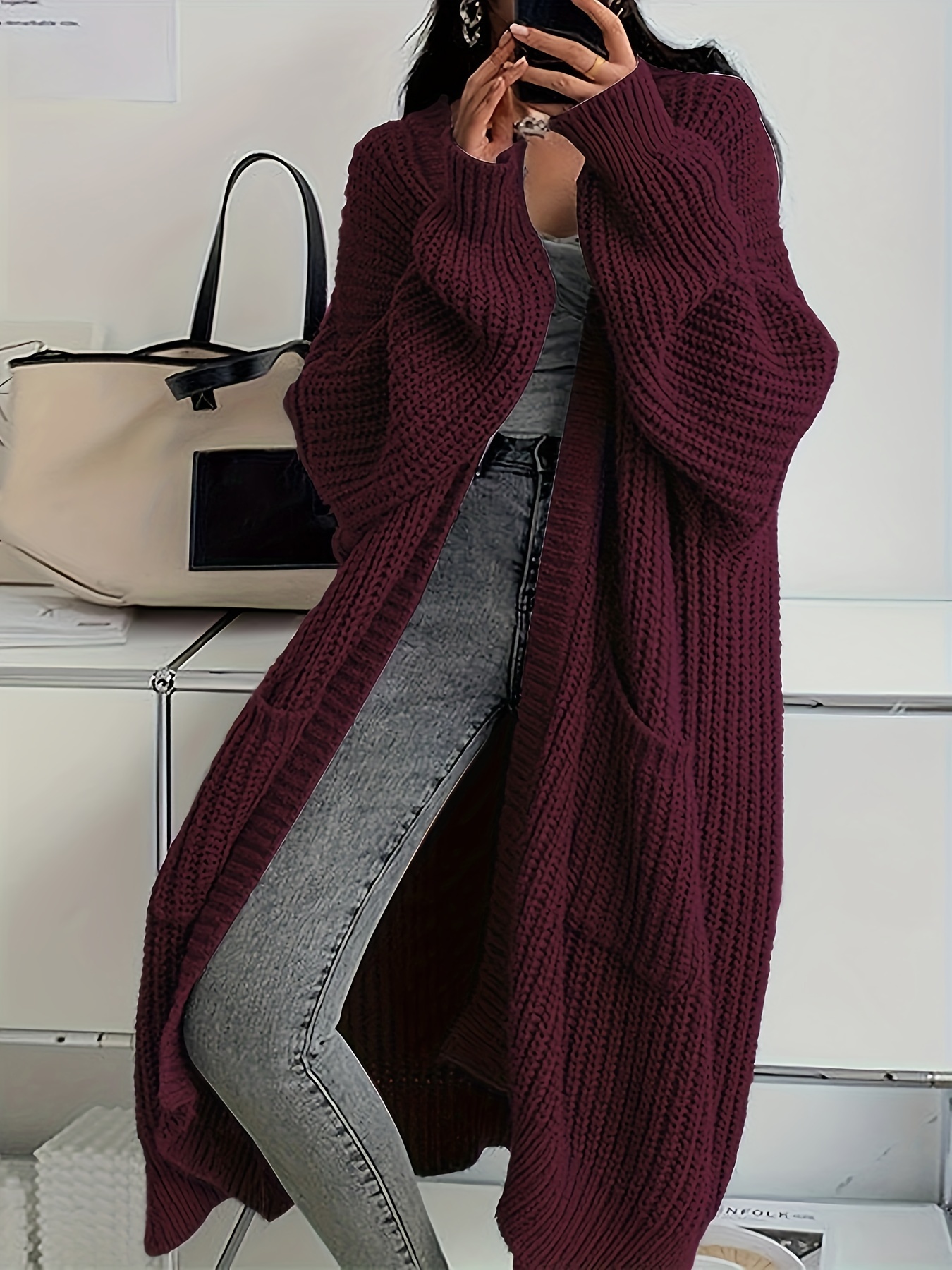 solid open front cardigan casual long sleeve drop shoulder long length outwear womens clothing details 15