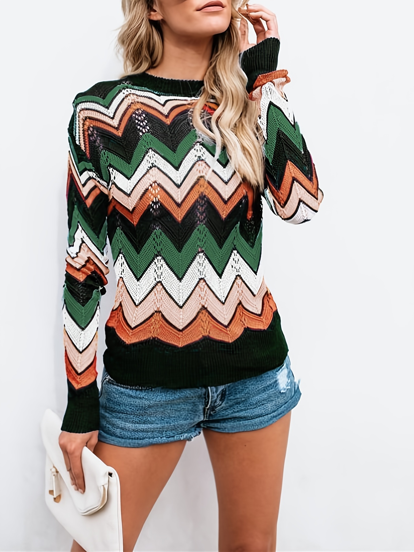 striped crew neck pullover sweater casual long sleeve sweater for fall winter womens clothing details 0