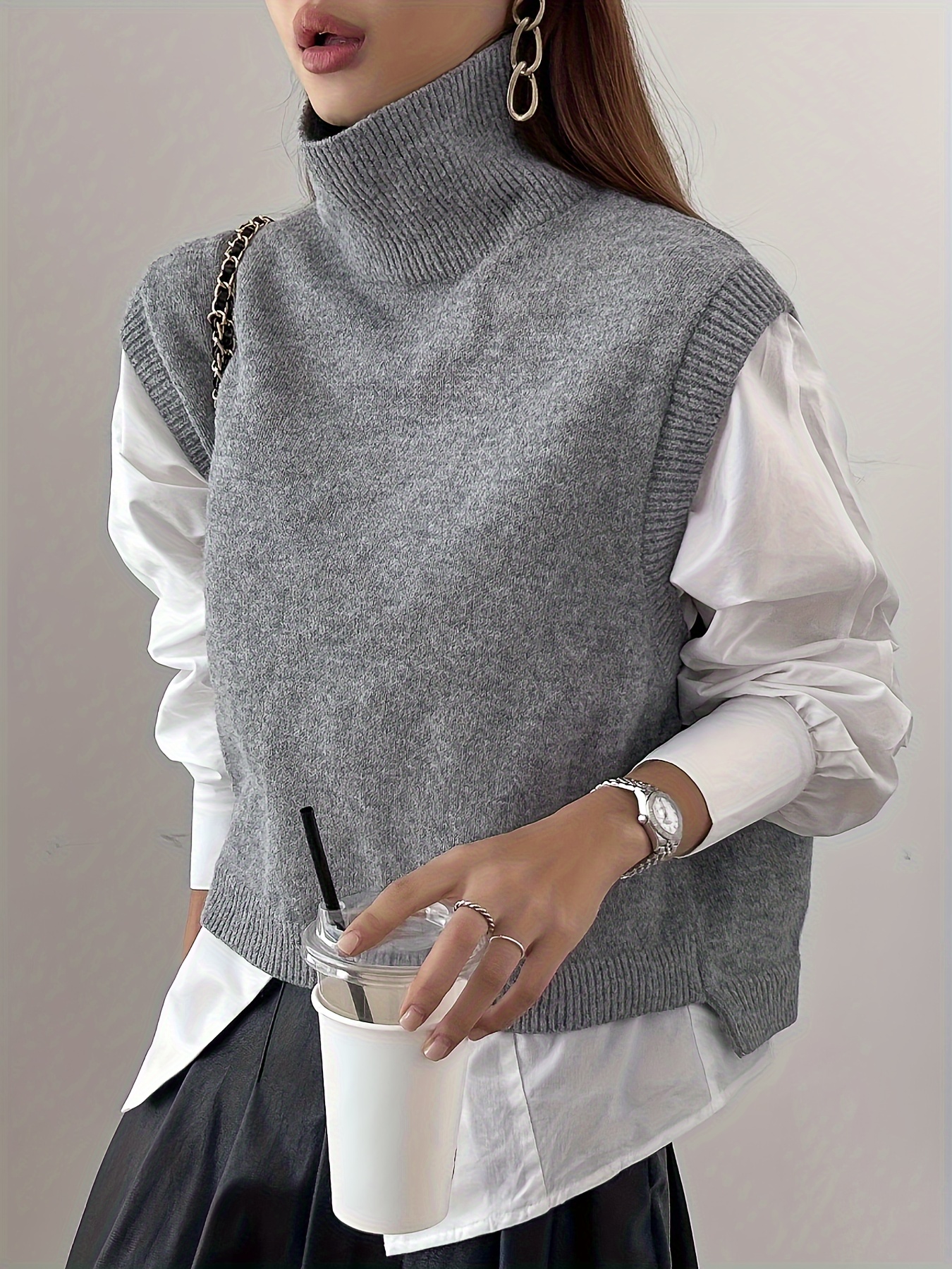 solid color turtle neck vest jacket y2k sleeveless knitted jacket for every day womens clothing details 0