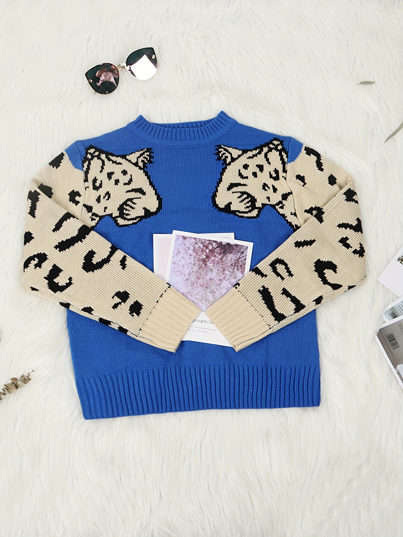 contrast leopard pattern crew neck knit top casual long sleeve pullover sweater for fall winter womens clothing details 2