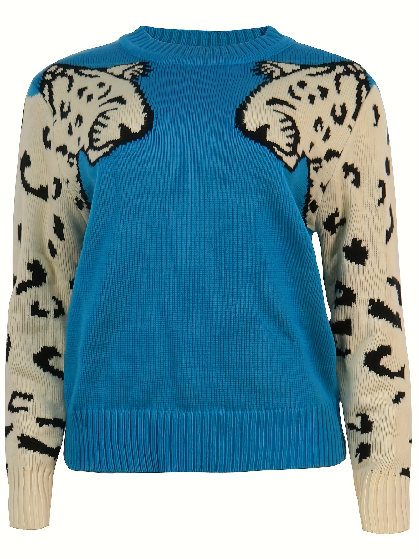 contrast leopard pattern crew neck knit top casual long sleeve pullover sweater for fall winter womens clothing details 5