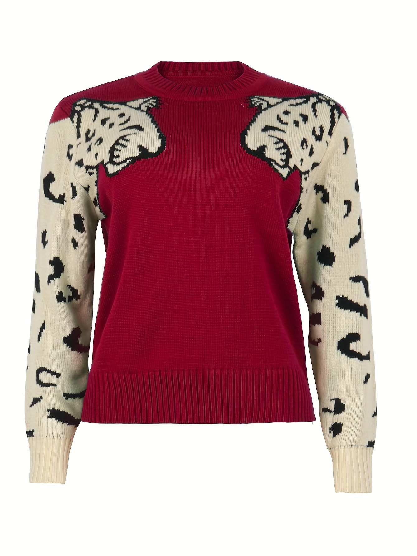 contrast leopard pattern crew neck knit top casual long sleeve pullover sweater for fall winter womens clothing details 11