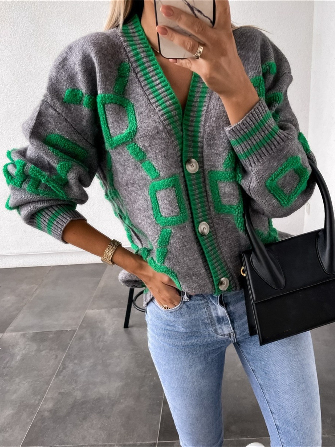 high contrast knit cardigan v neck button up cardigan sweater casual tops for fall winter womens clothing details 0