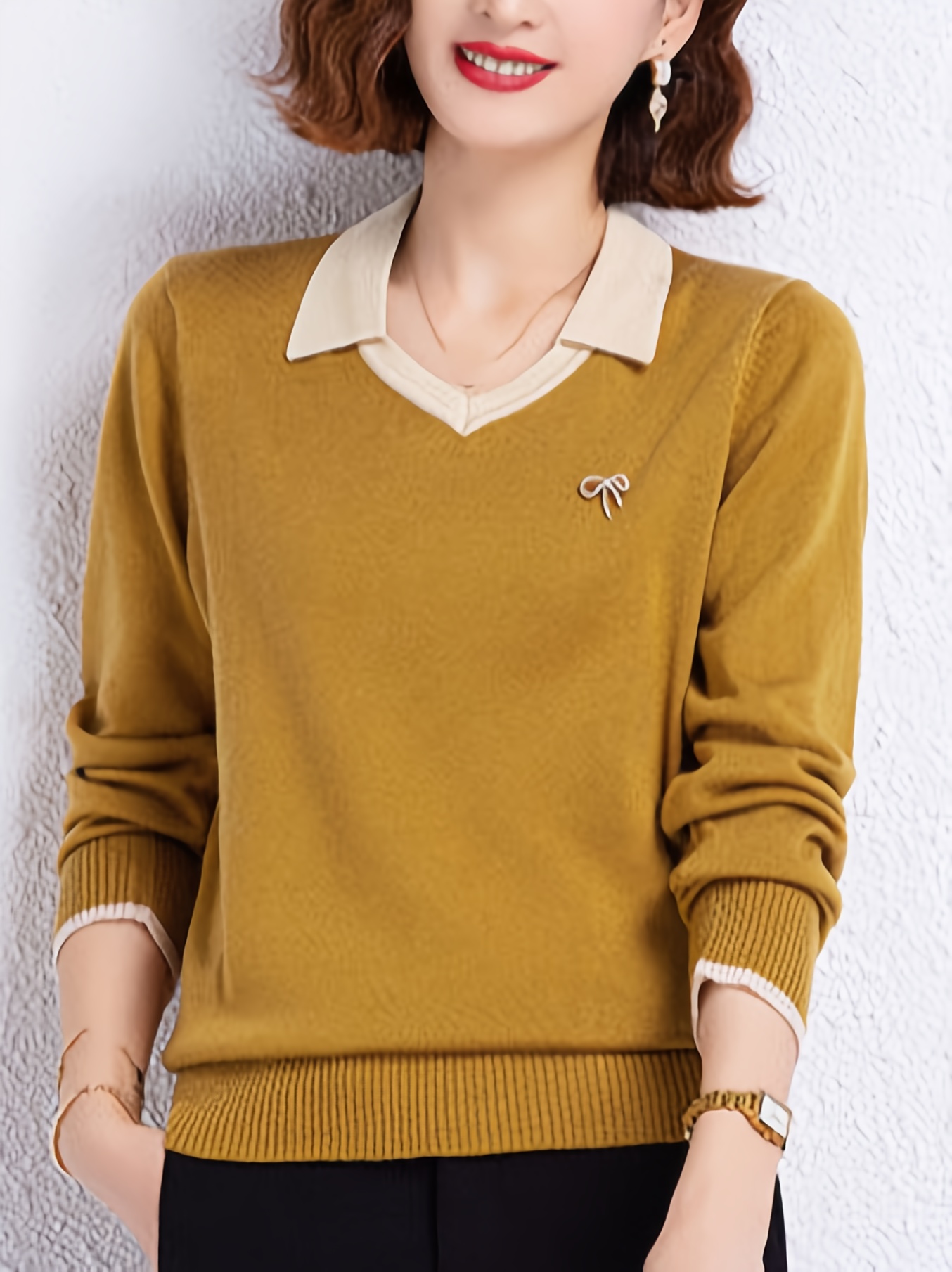 notched collar knitted sweater casual long sleeve versatile sweater womens clothing details 0