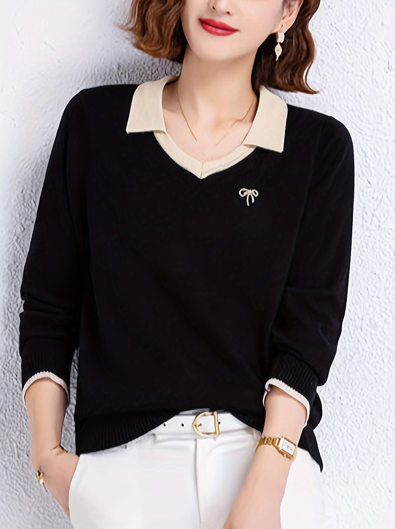 notched collar knitted sweater casual long sleeve versatile sweater womens clothing details 2