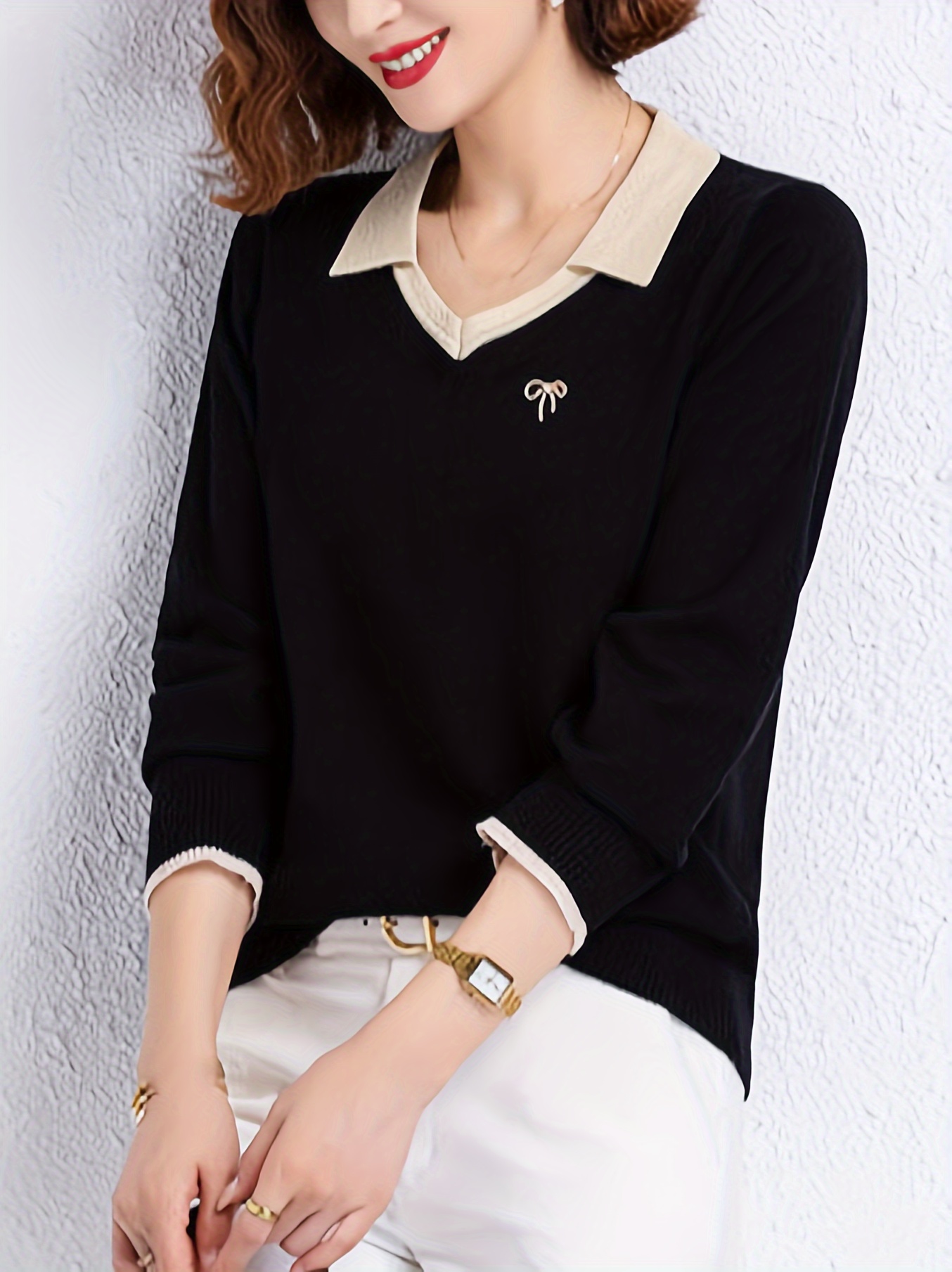 notched collar knitted sweater casual long sleeve versatile sweater womens clothing details 3