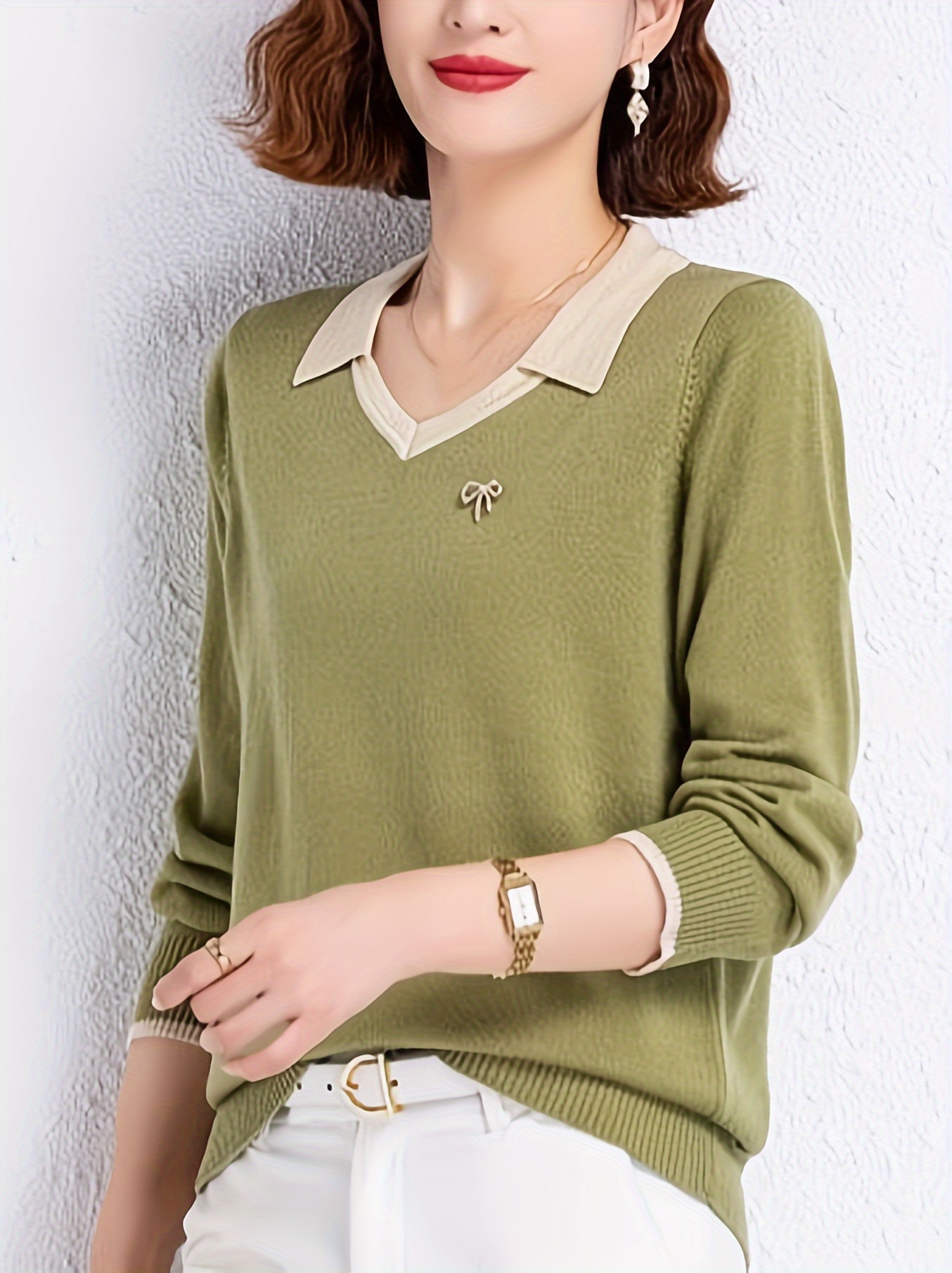 notched collar knitted sweater casual long sleeve versatile sweater womens clothing details 4